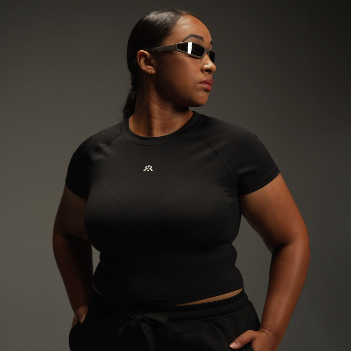 iRARE short-sleeve raglan top in black, styled look