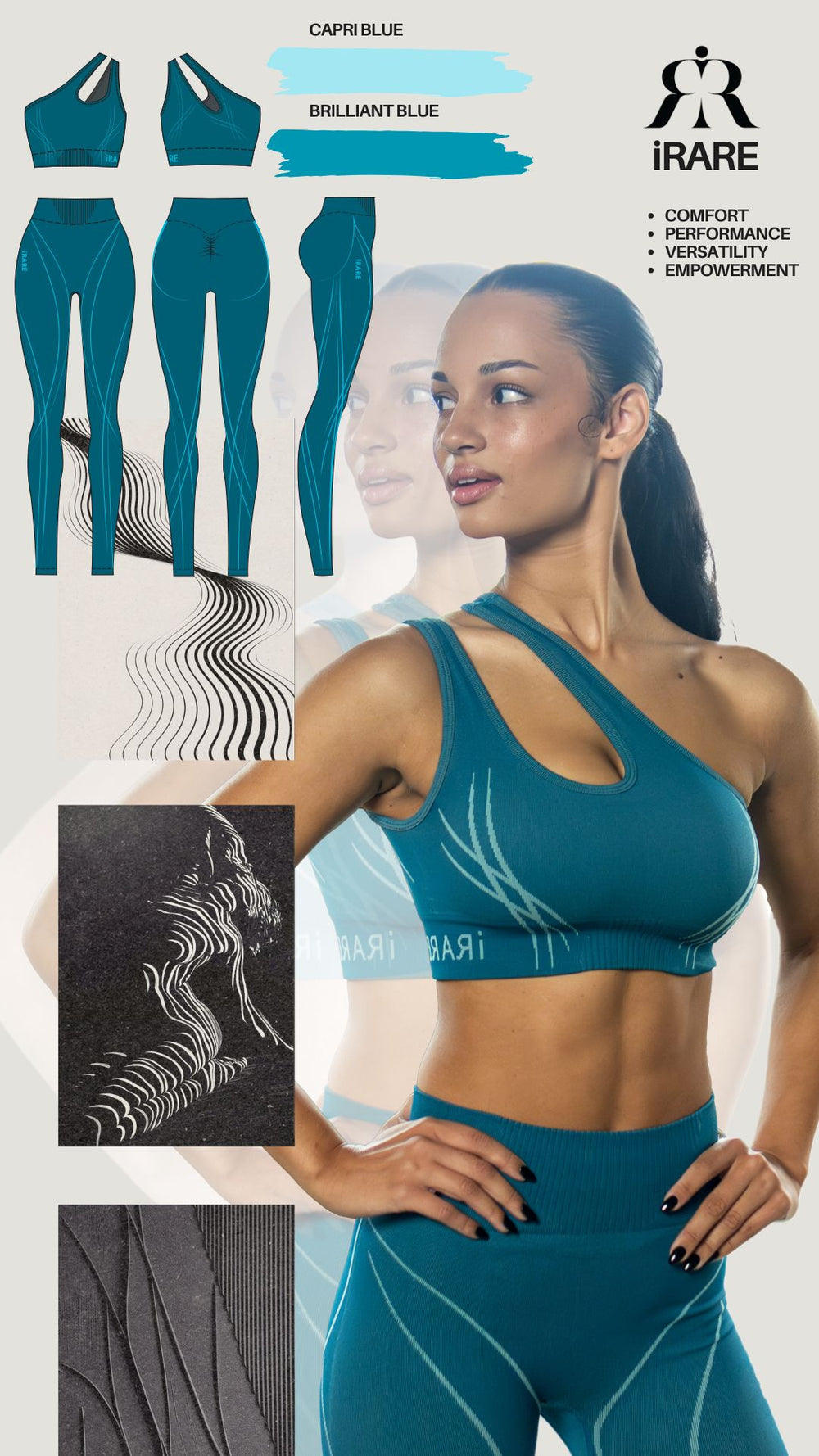 iRARE concept board with blue activewear sketches, fabric textures, and a model wearing the design