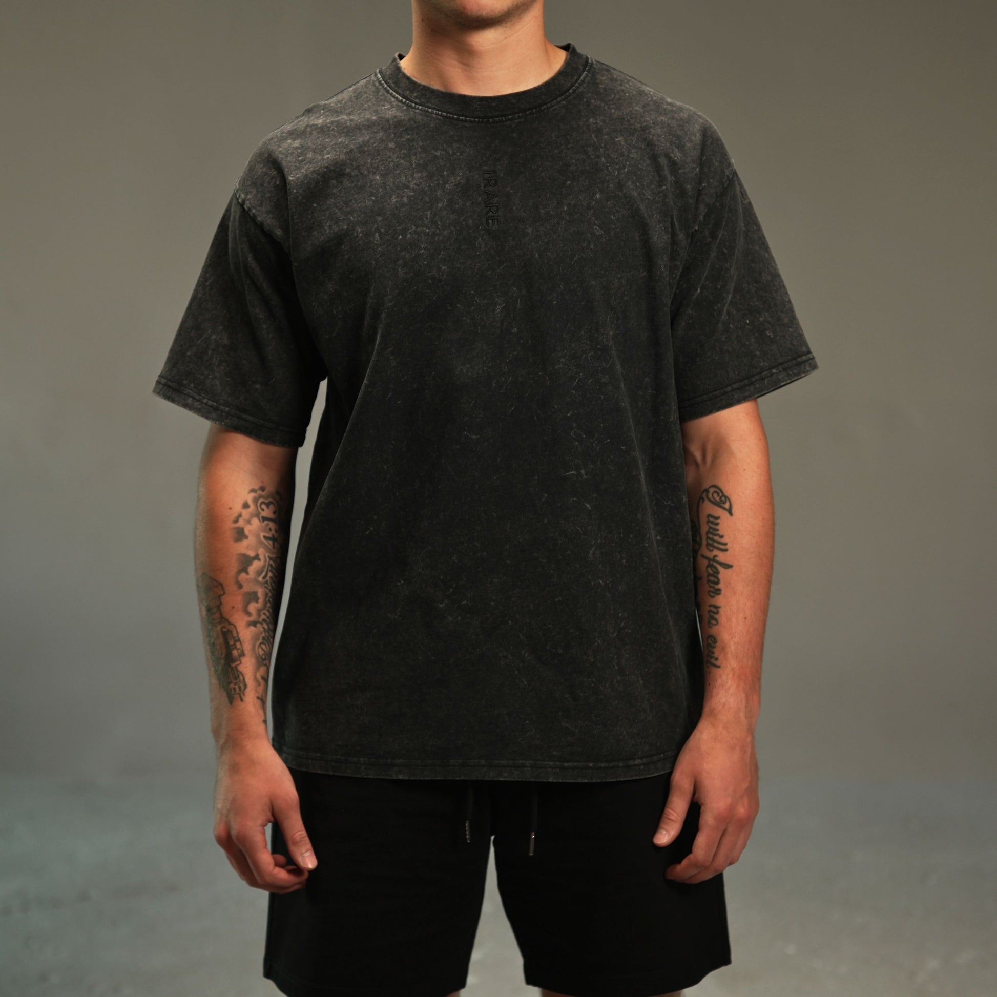 iRARE men’s acid-washed t-shirt in washed black, front view