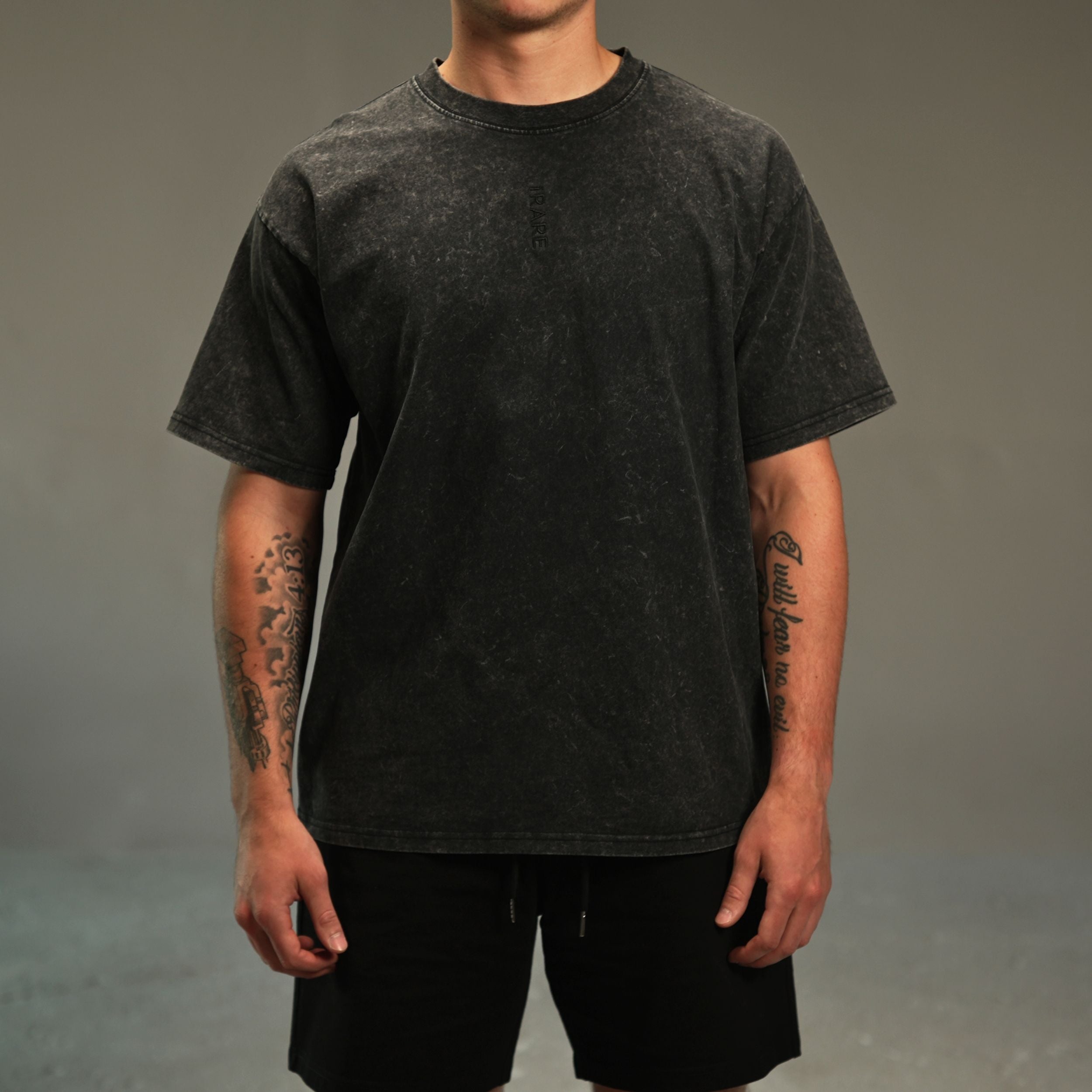 iRARE men’s acid-washed t-shirt in washed black, front view