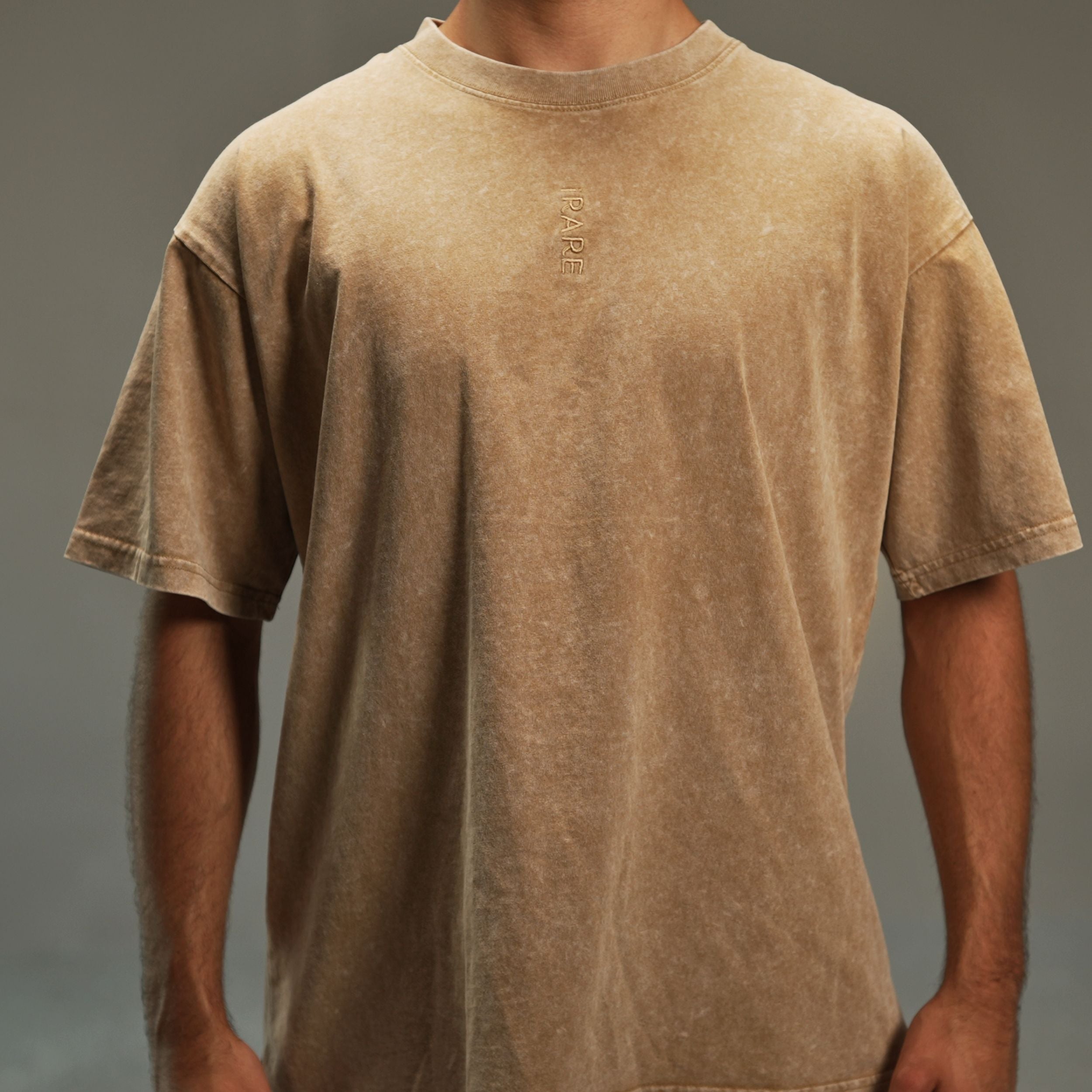men’s acid-washed t-shirt in washed sand, front view
