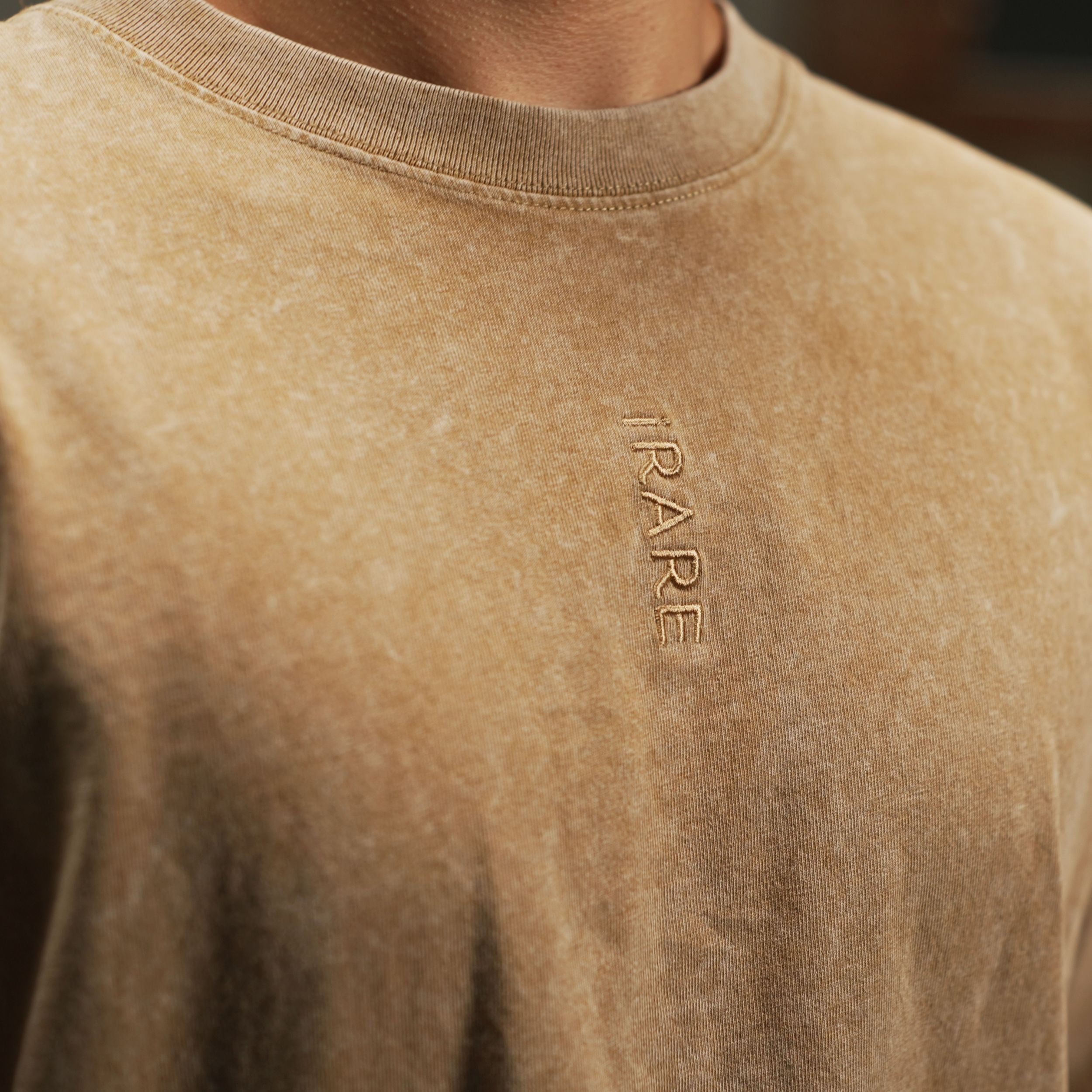 embroidered logo close-up on washed sand t-shirt