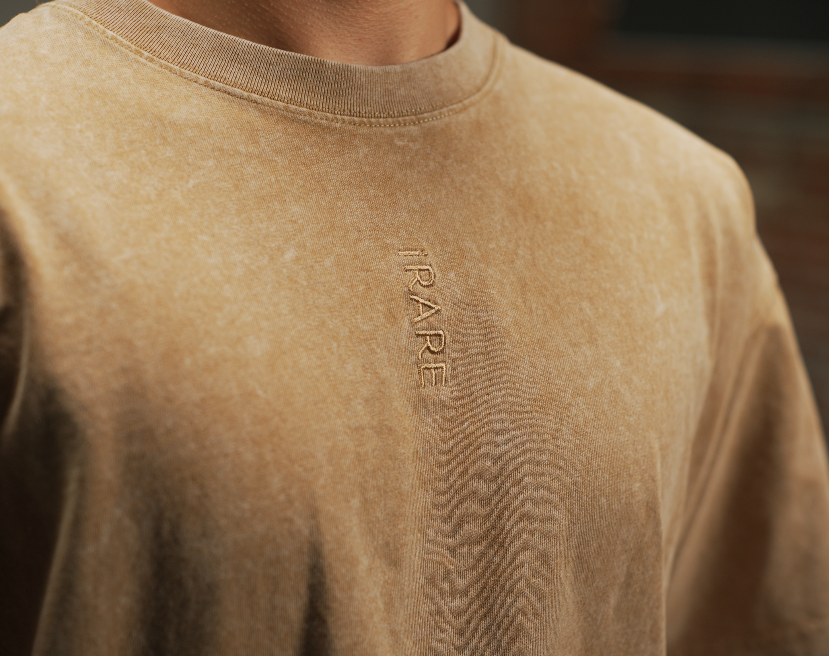 embroidered logo close-up on washed sand t-shirt