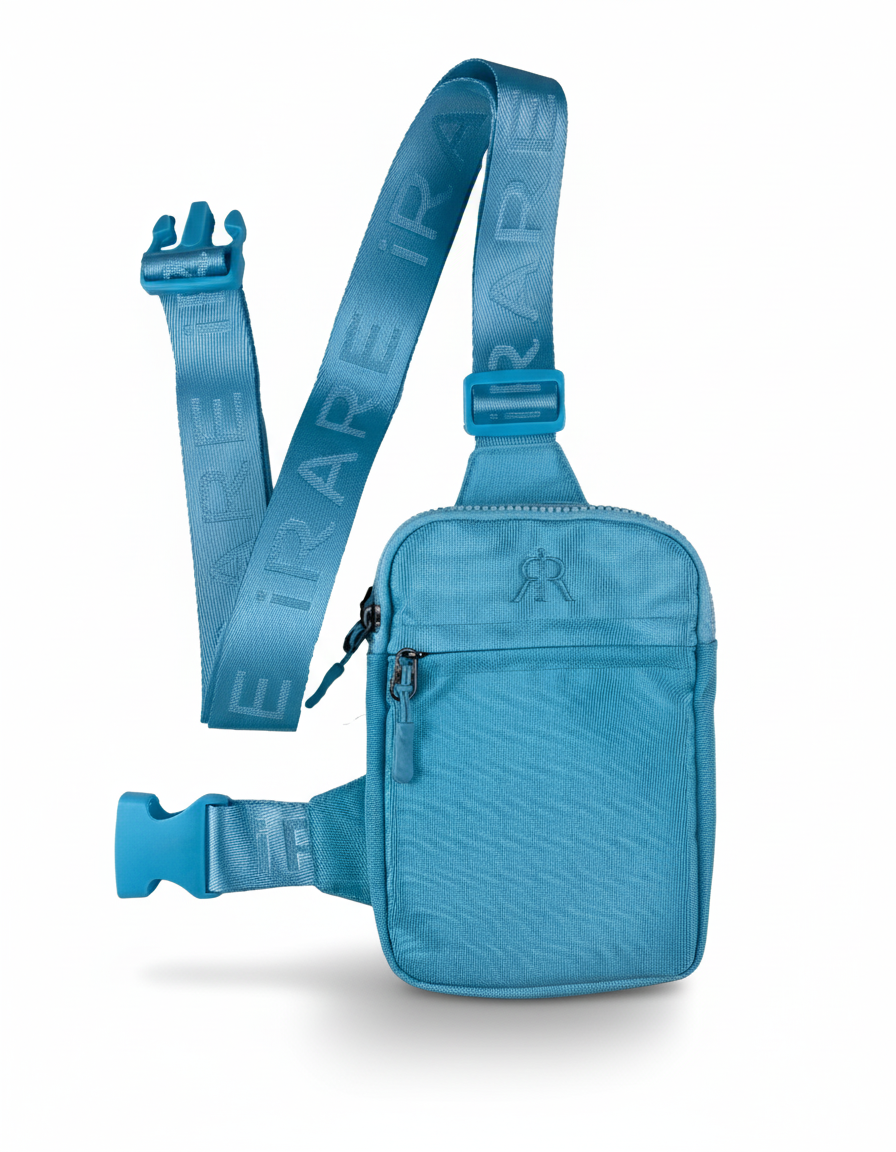 Capri blue crossbody bag with front zip pocket and structured shape