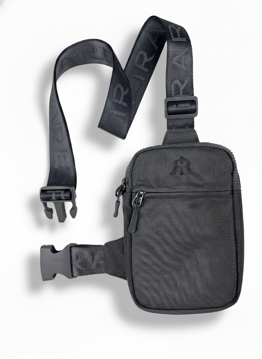 Gray crossbody bag with front zip pocket and adjustable strap