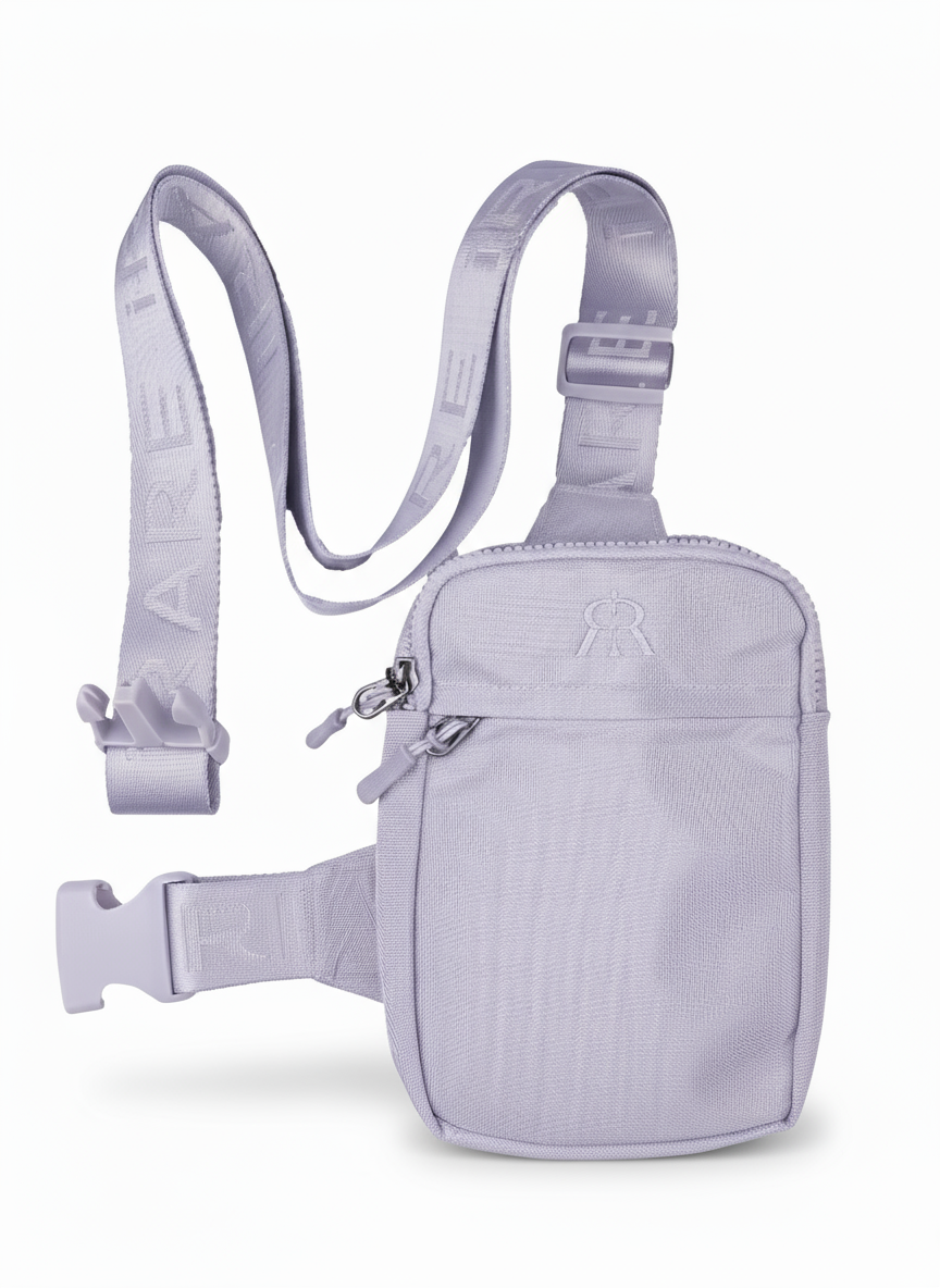 Lilac gray crossbody bag with front pocket and nylon jacquard strap