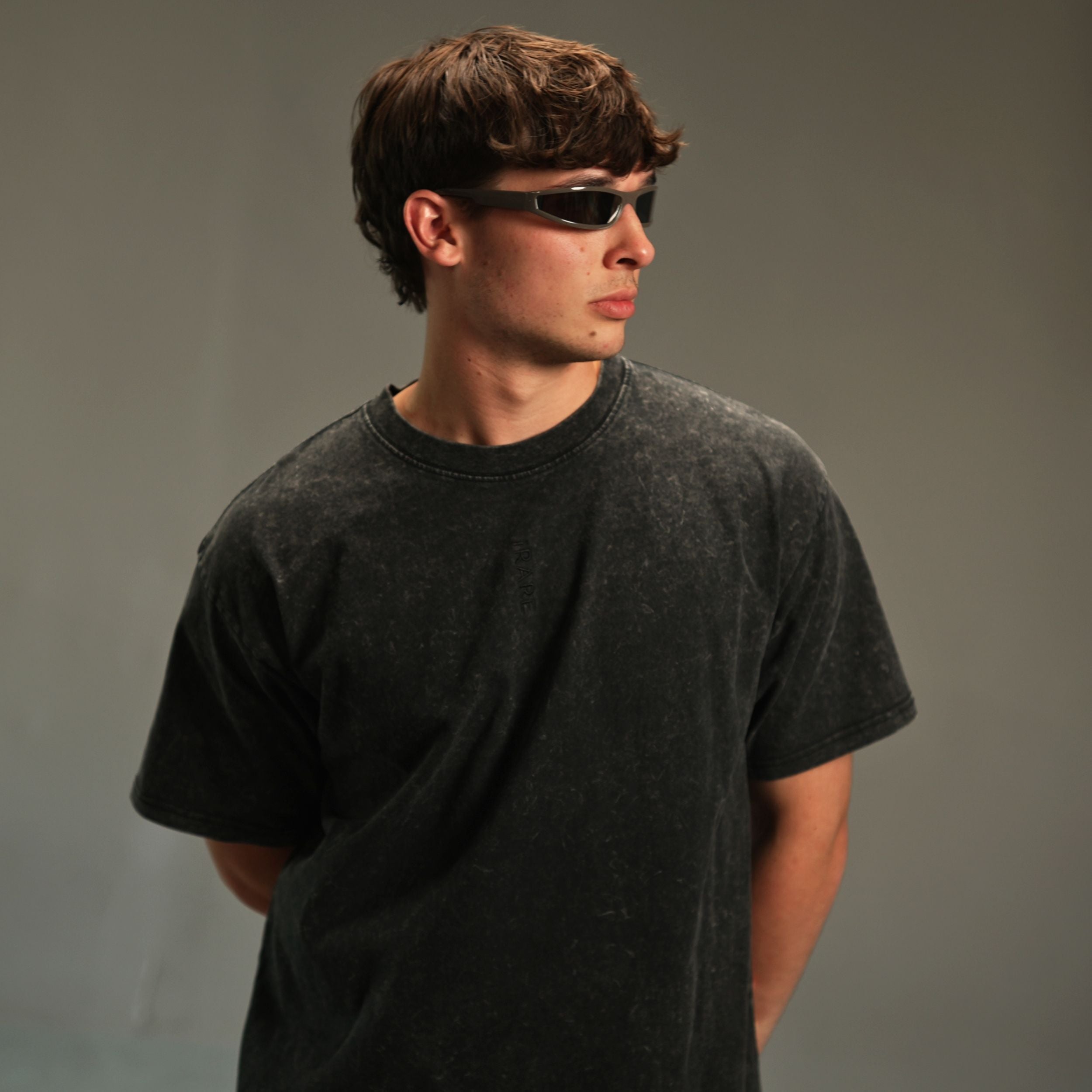 iRARE men’s acid-washed t-shirt in washed black, front view