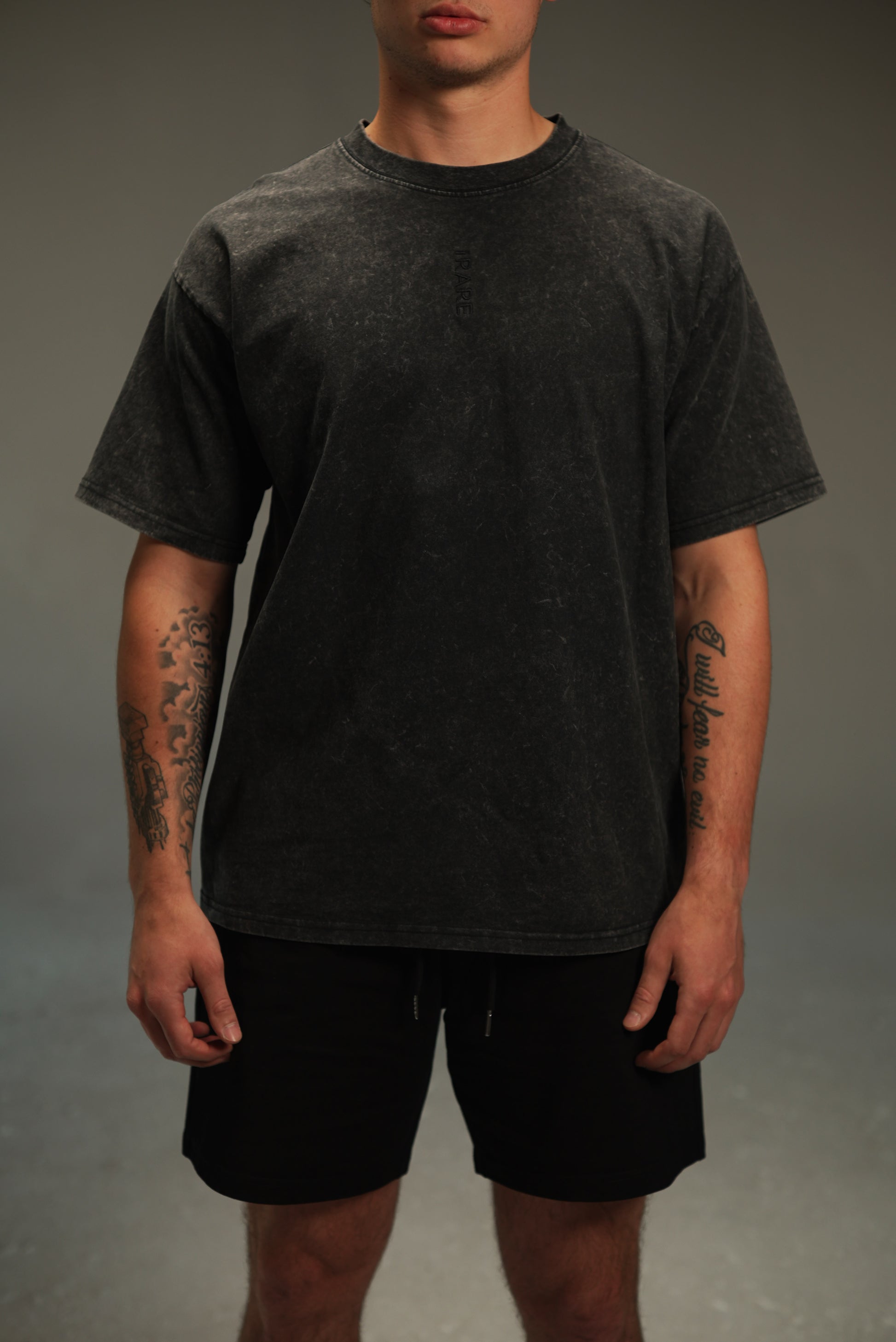 iRARE men’s acid-washed t-shirt in washed black, front view