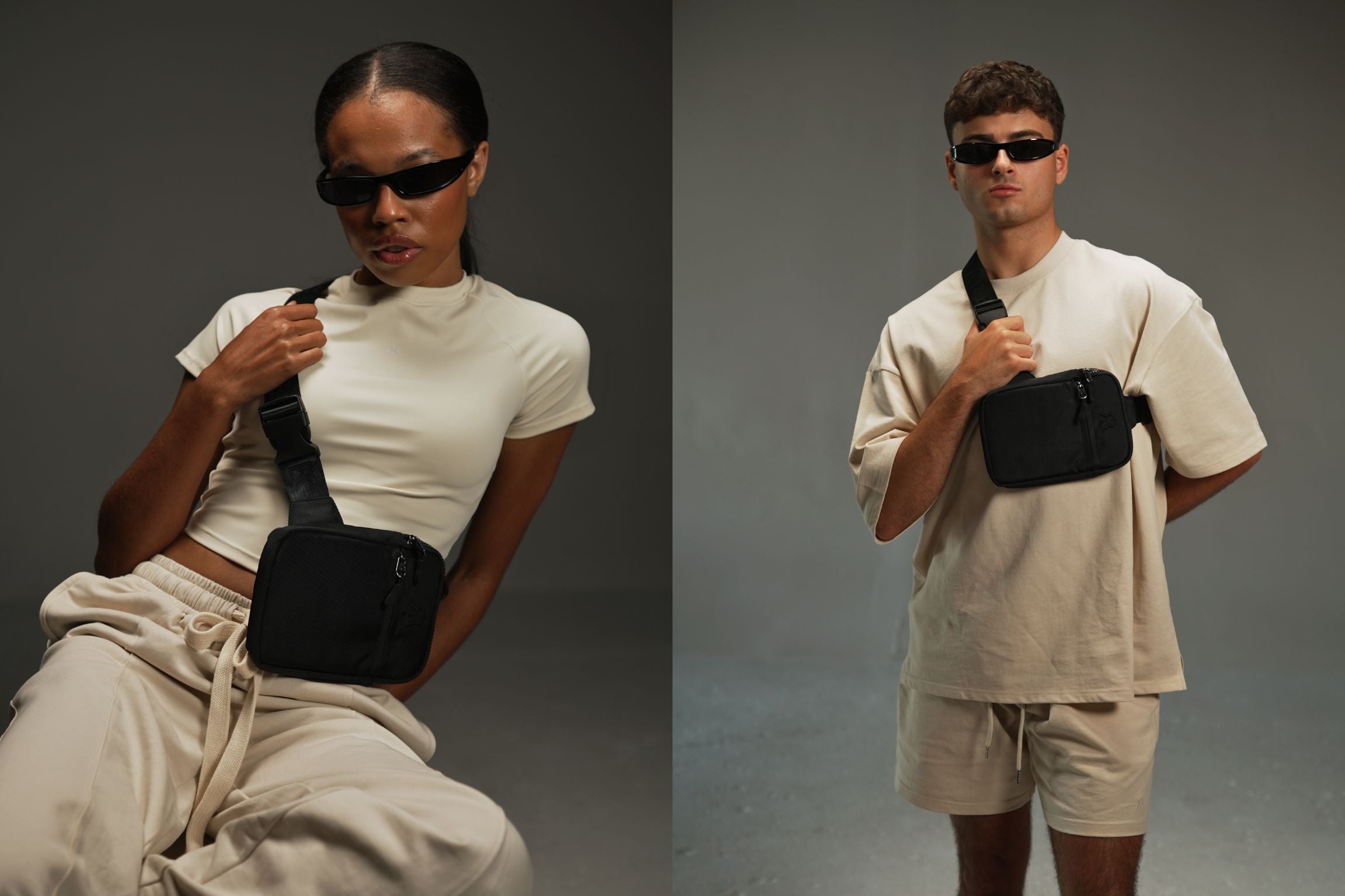 Female and male models wearing iRARE apparel styled with a black crossbody bag in a minimal studio setting