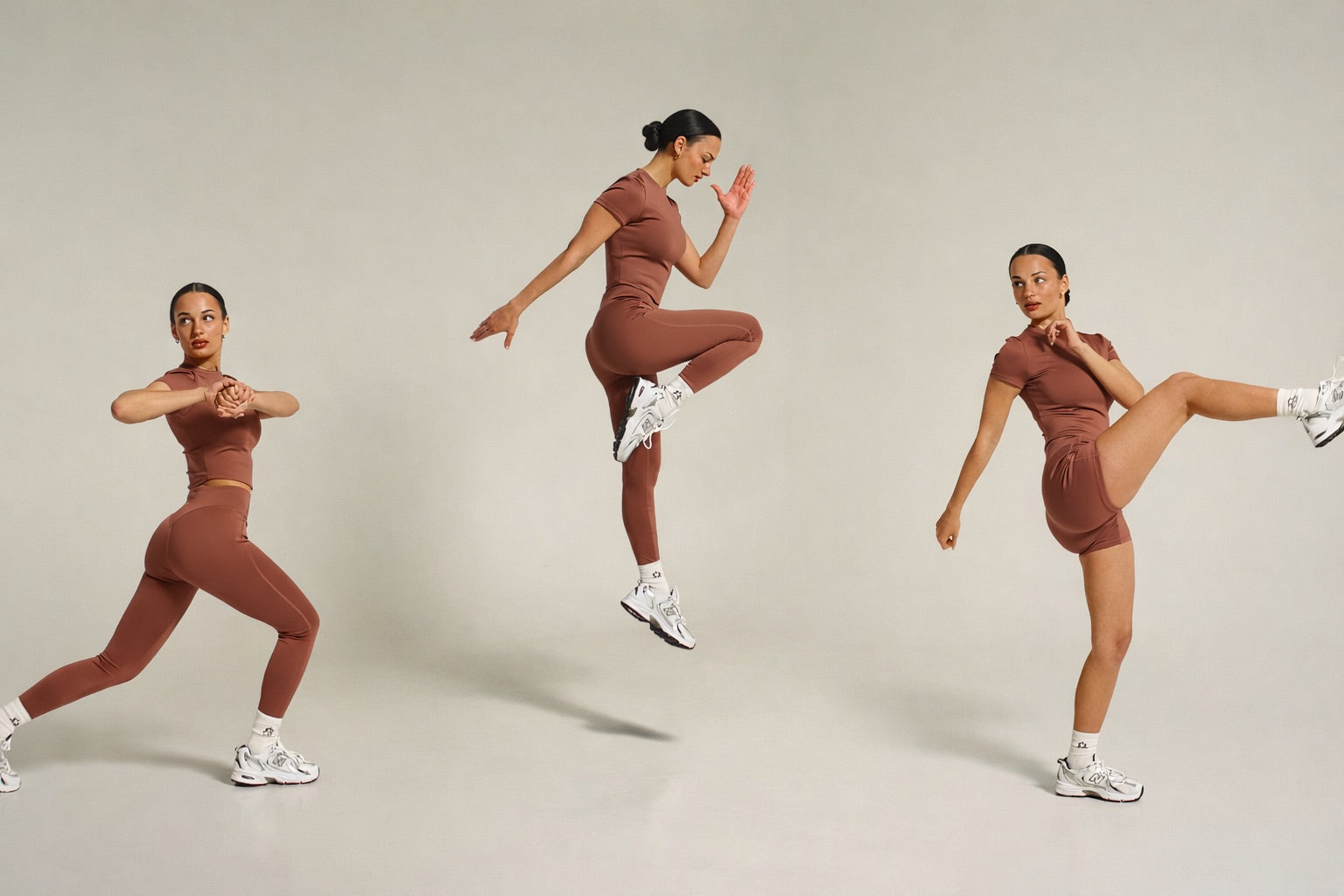 Model wearing the iRARE Element set in Dusty Mauve demonstrating movement through multiple poses in coordinated activewear