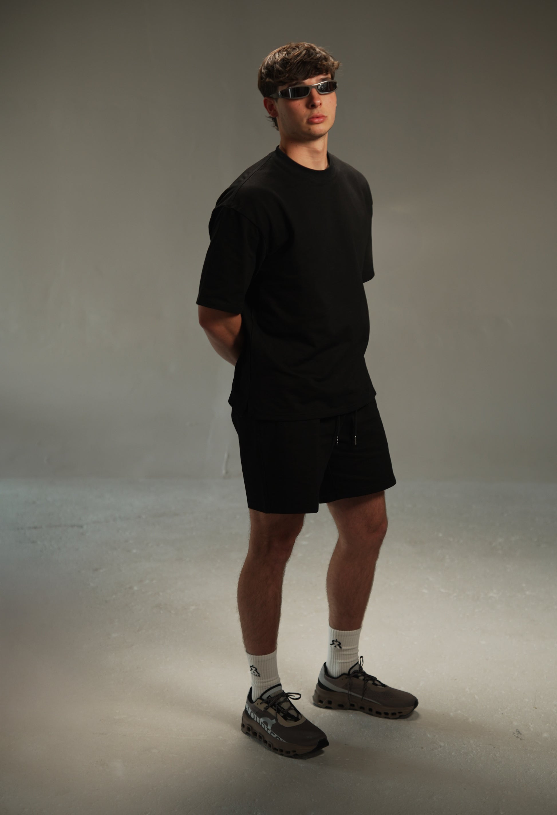 iRARE men’s relaxed sweat shorts in black, styled look