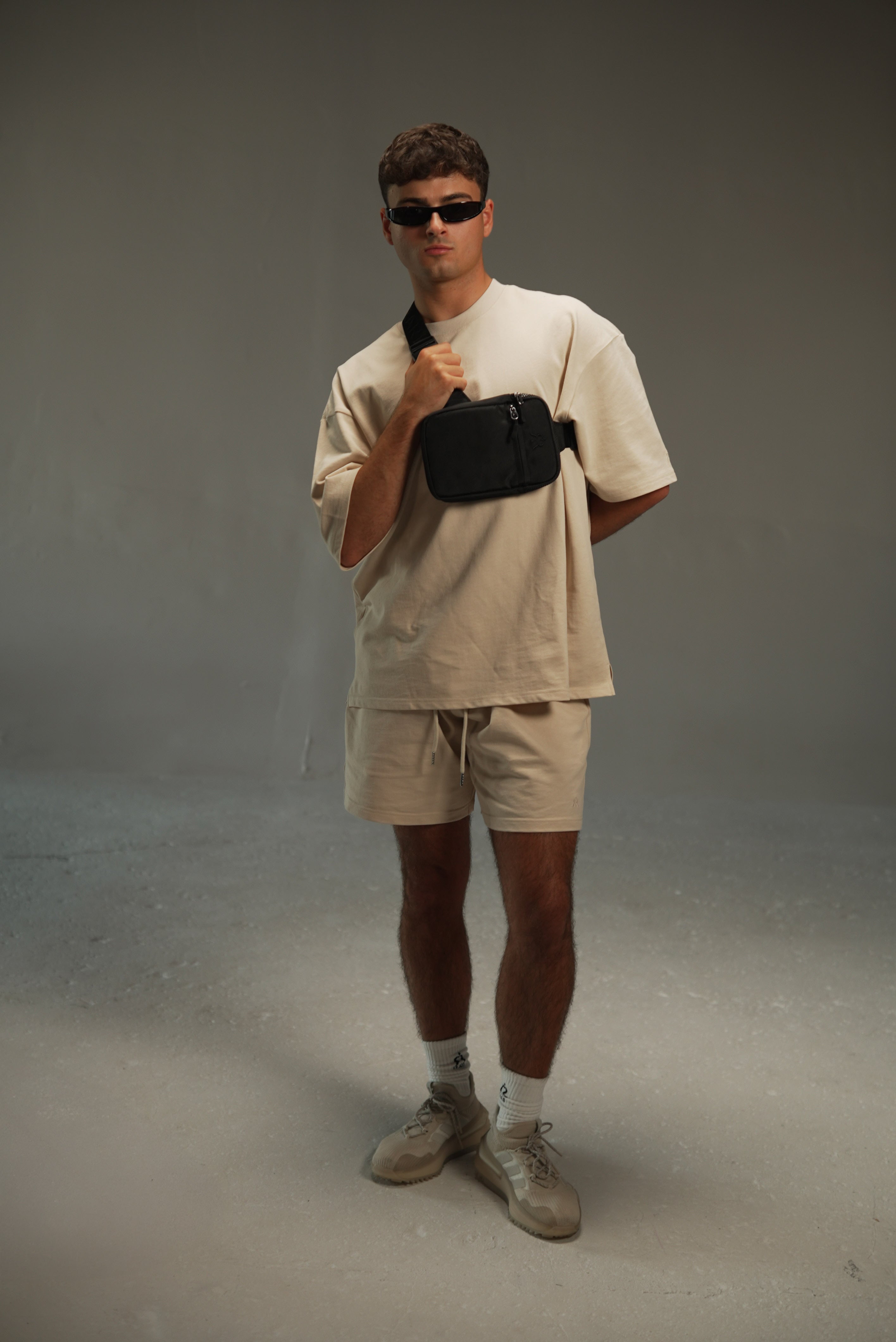 iRARE men’s relaxed sweat shorts in khaki, styled look