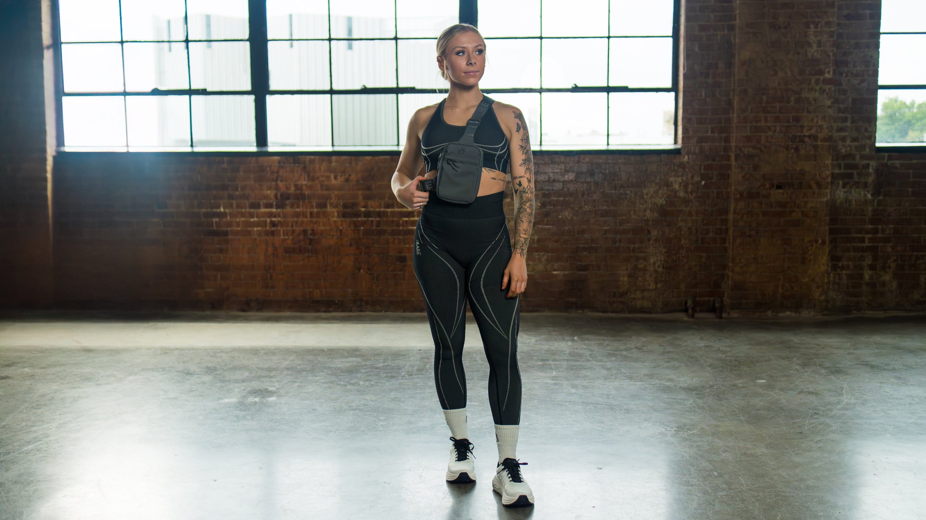 iRARE black seamless leggings, styled front view with matching sport bra