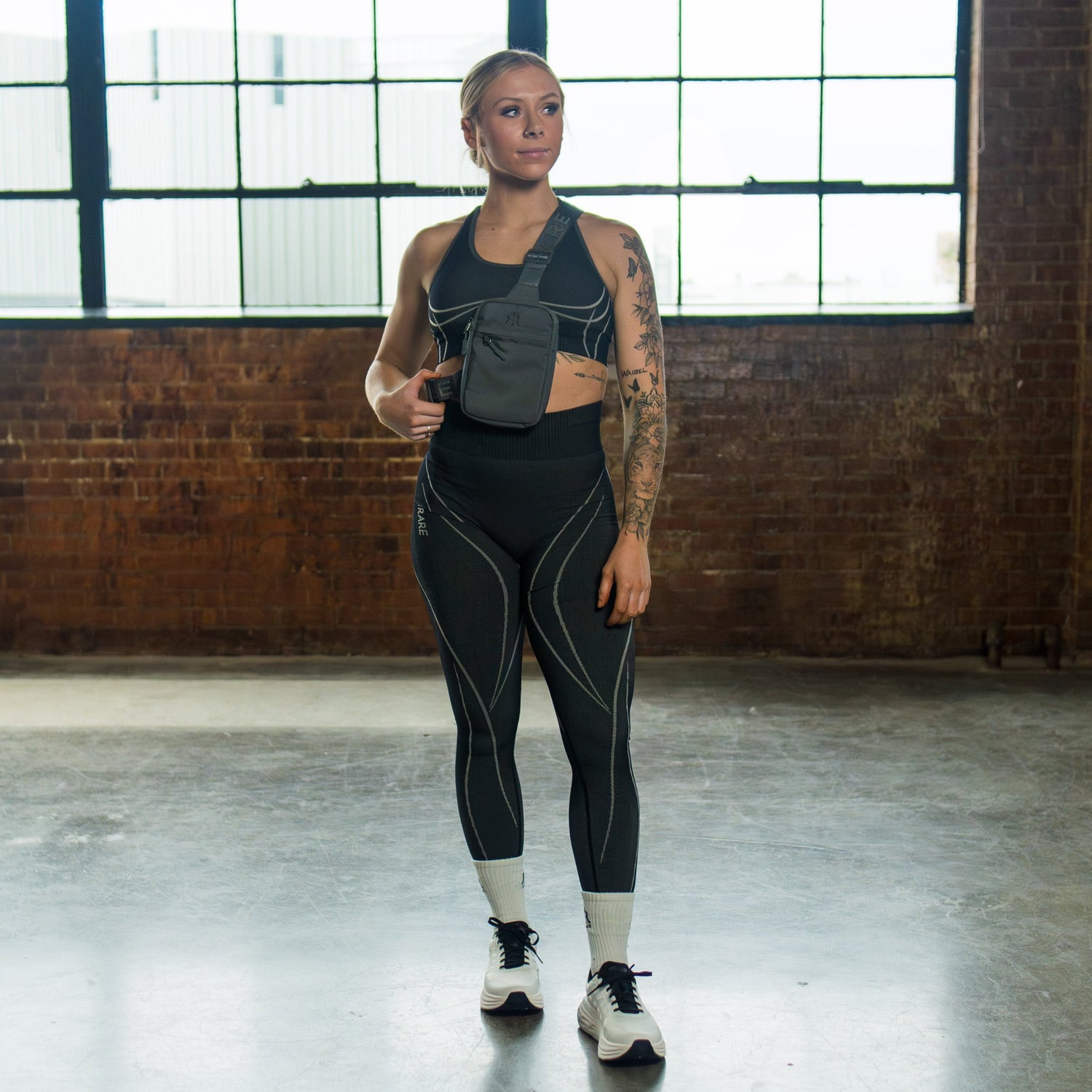 iRARE black seamless leggings, styled front view with matching sport bra