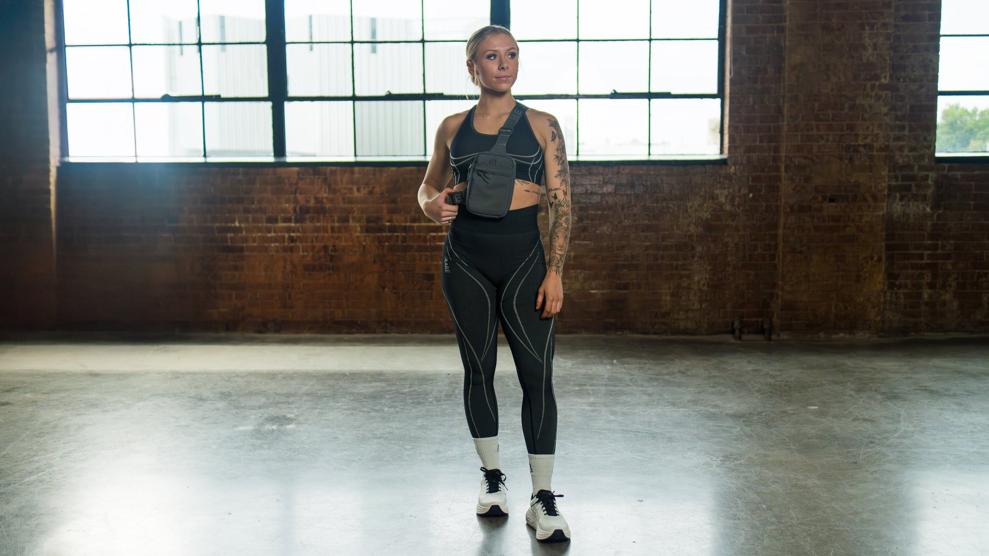 iRARE black seamless leggings, styled front view with matching sport bra