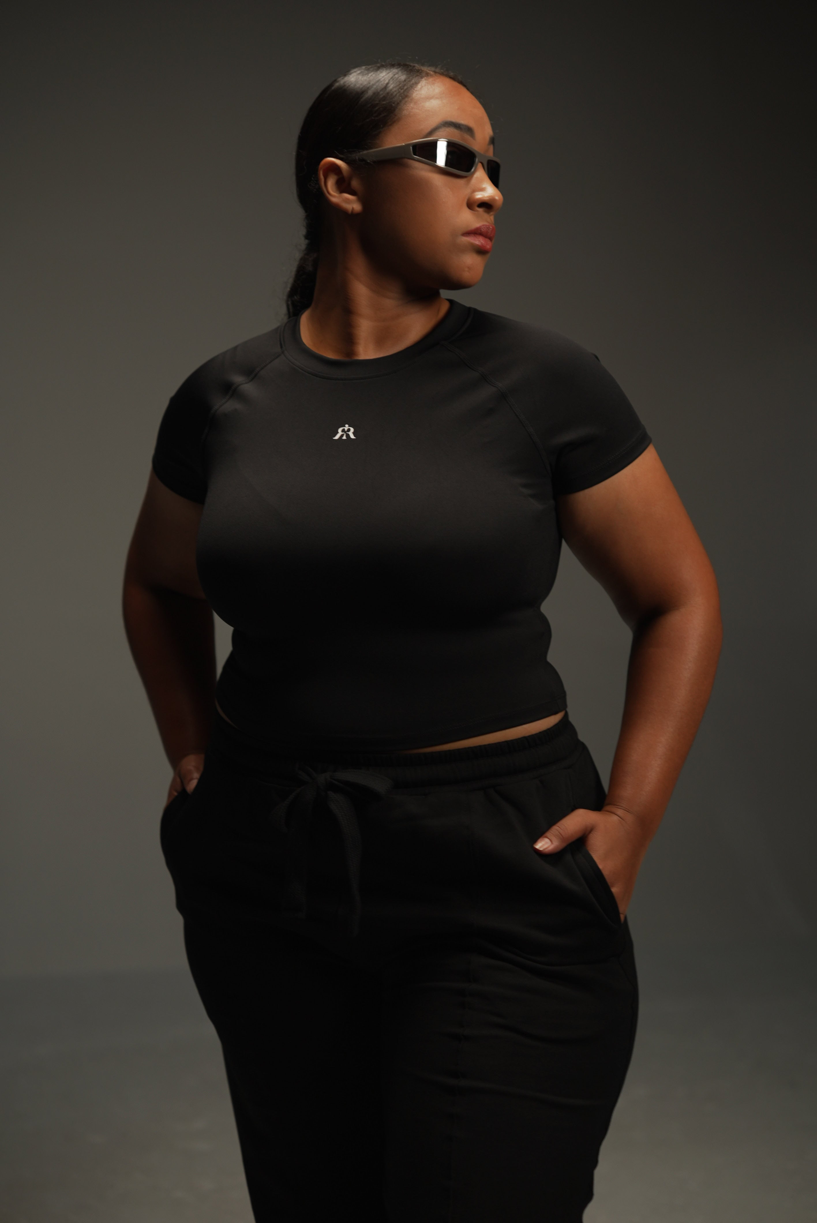 iRARE short-sleeve raglan top in black, styled look