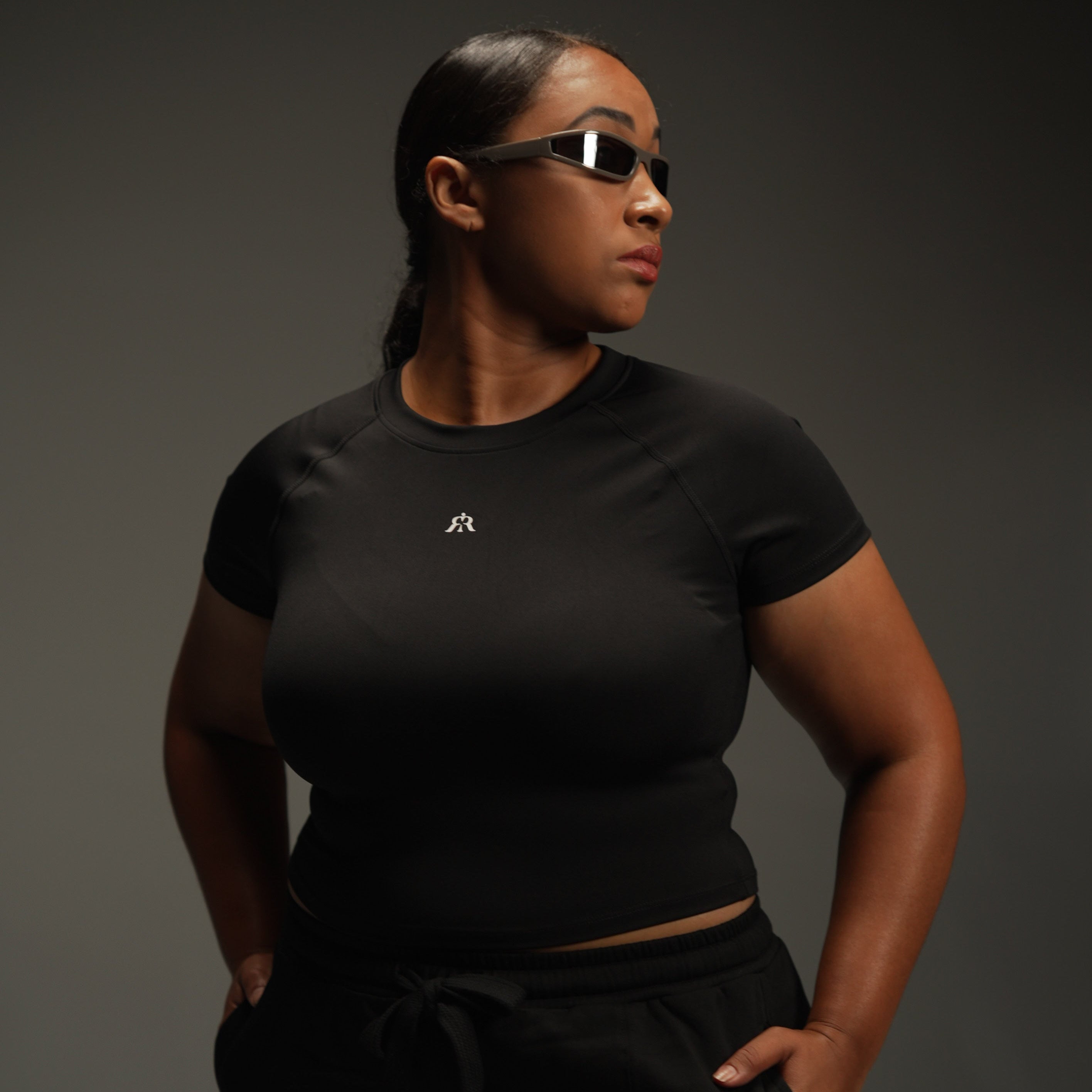 iRARE short-sleeve raglan top in black, styled look