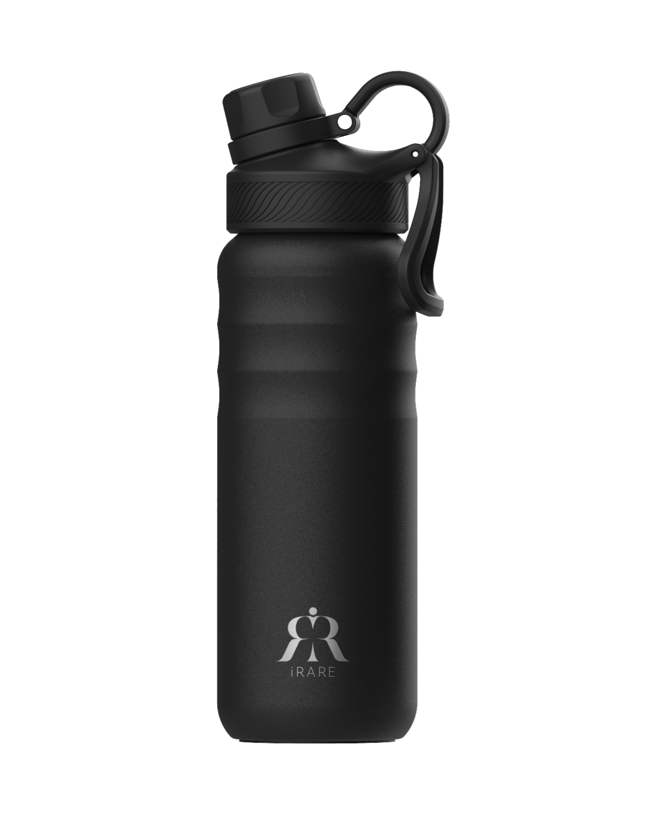 iRARE stainless steel bottle in black, 24 oz front view