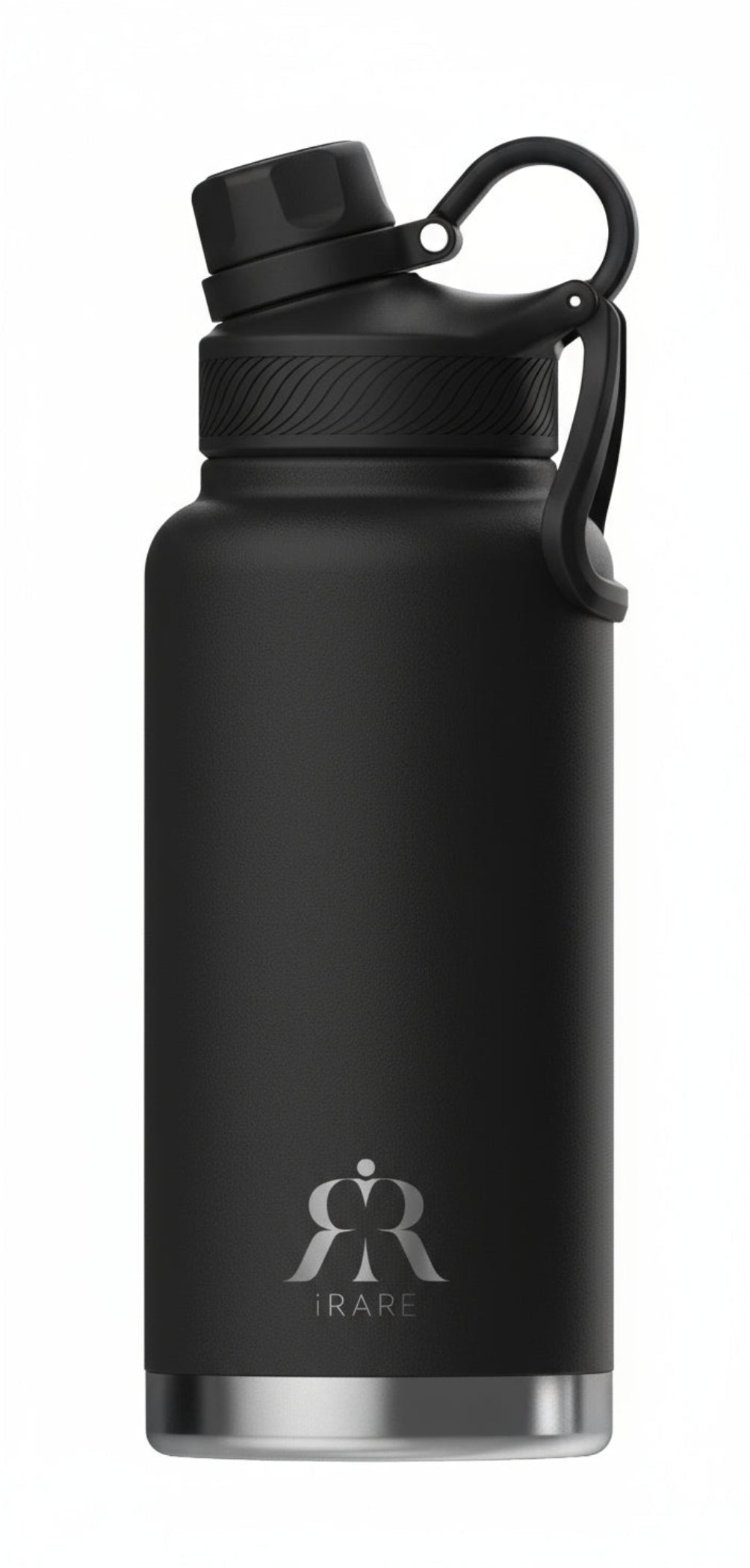 iRARE stainless steel bottle in black, 32 oz front view