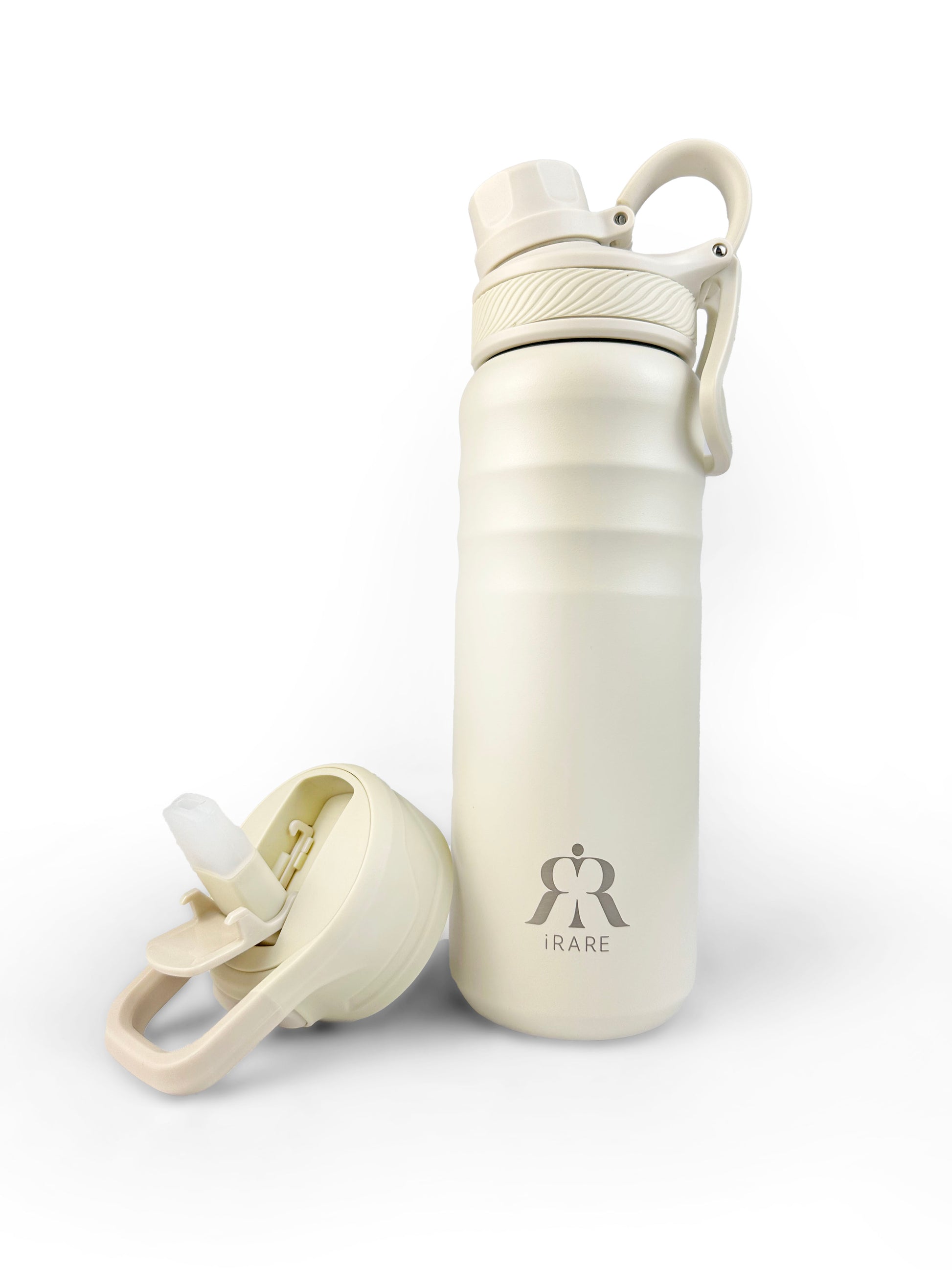 iRARE stainless steel bottle in cream, 24 oz front view