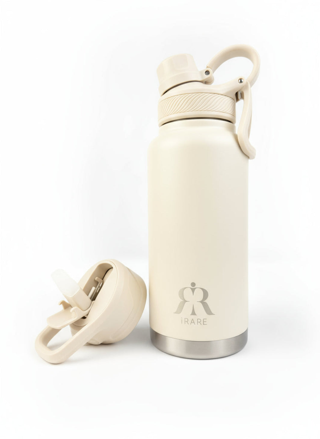 iRARE stainless steel bottle in cream, 32 oz front view