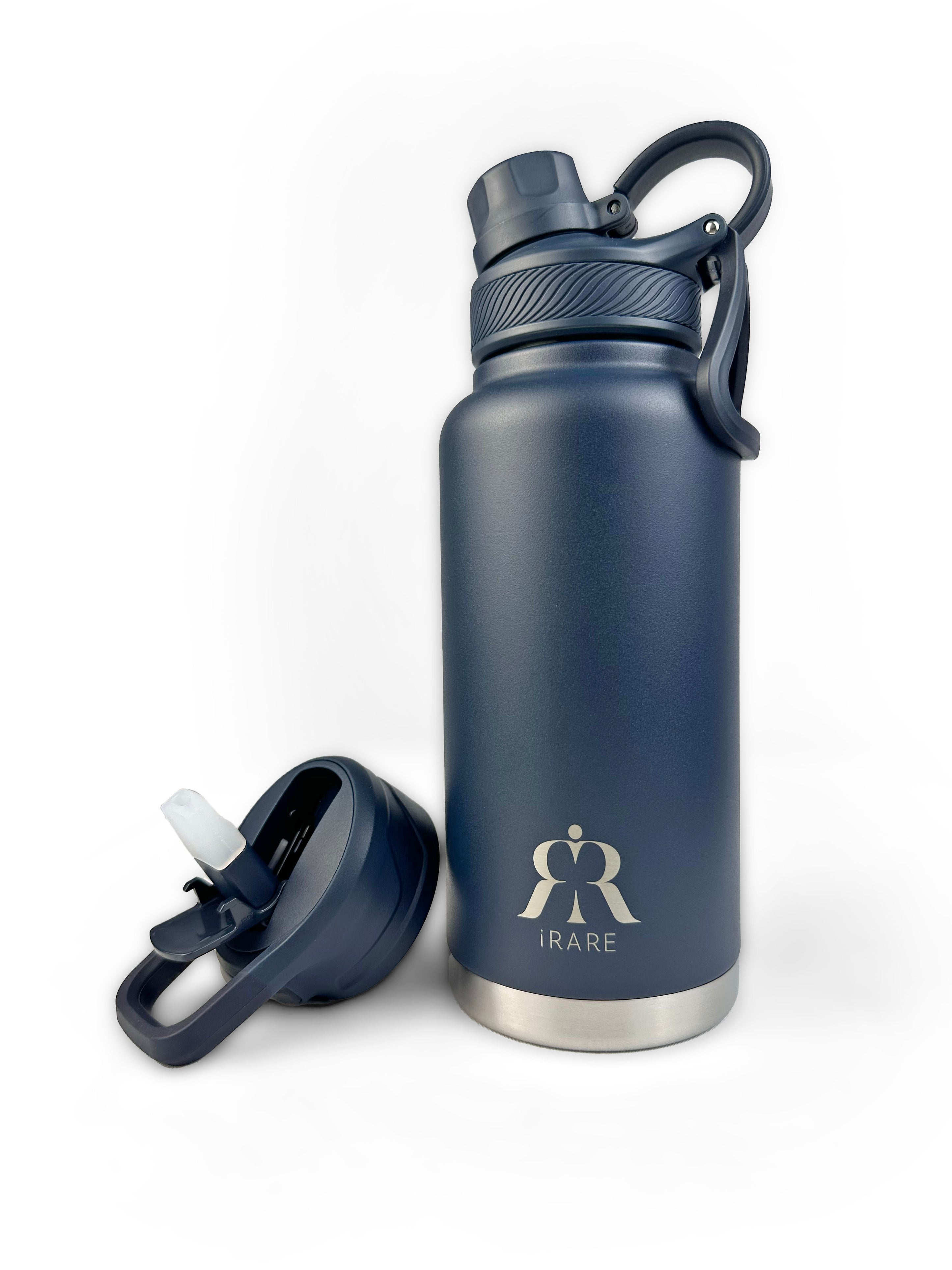 iRARE stainless steel bottle in navy, 32 oz front view