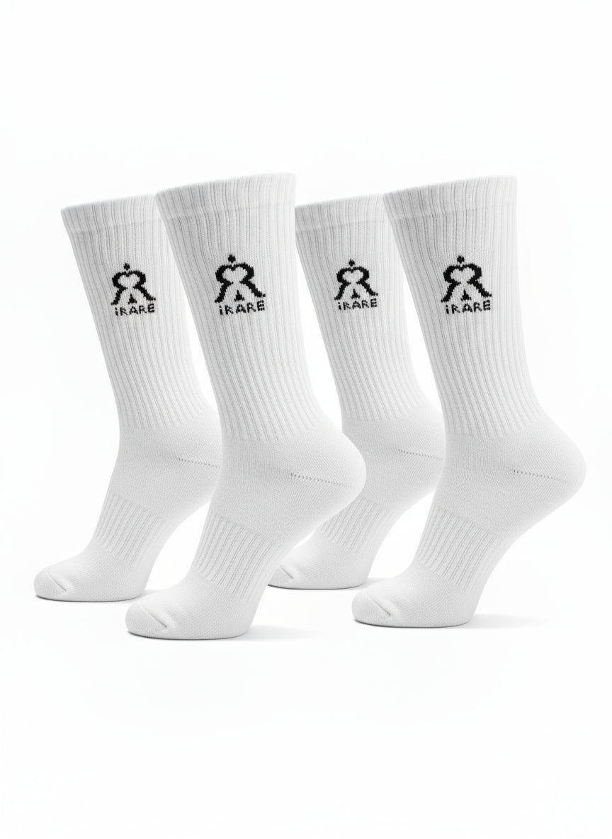 iRARE crew socks in white, two-pair standing display front view.