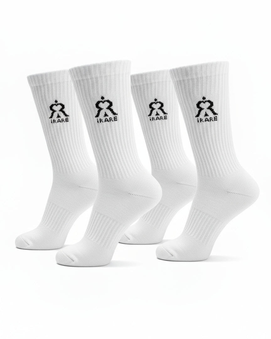 iRARE crew socks in white, two-pair standing display front view.
