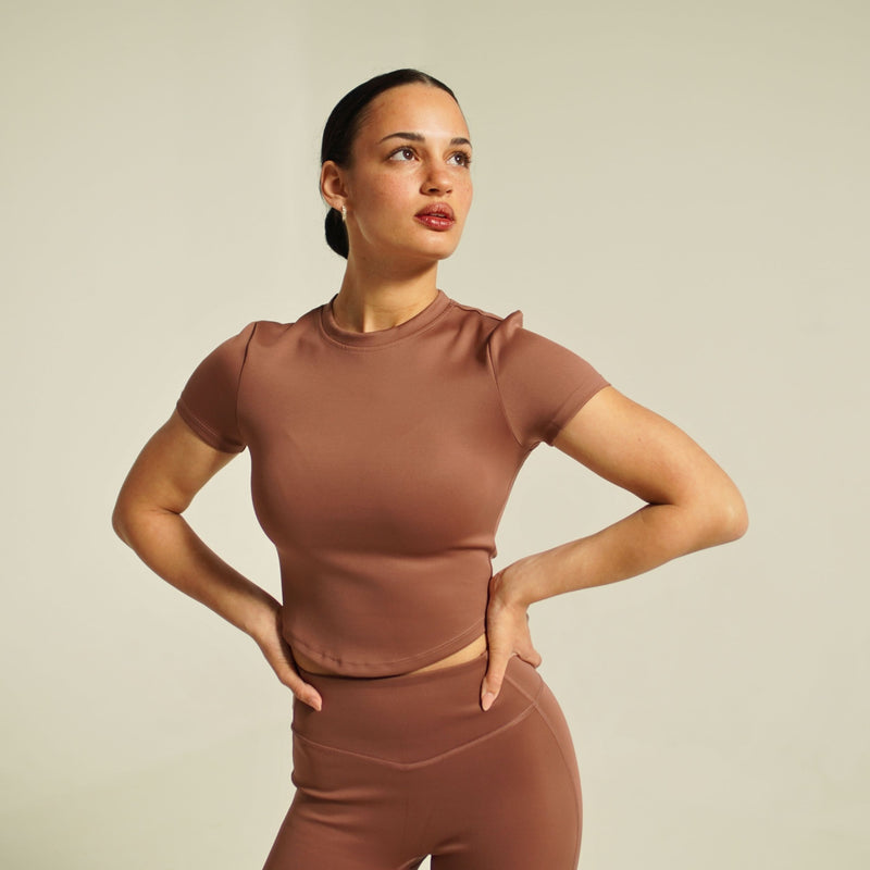 iRARE women’s element fitted short-sleeve top dusty mauve activewear top front view