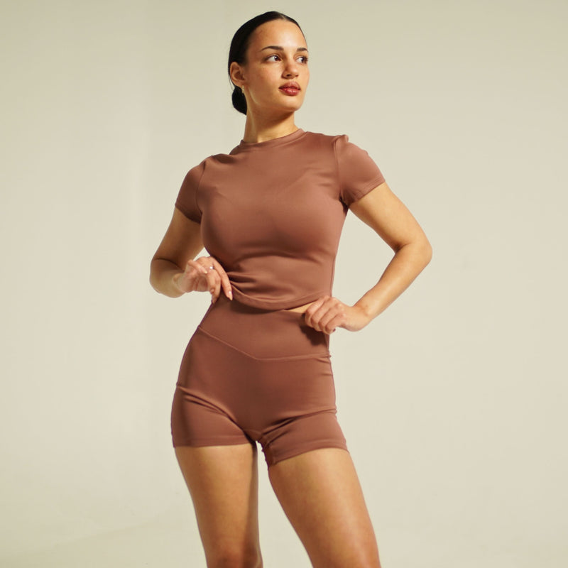 iRARE women’s element high-rise 4 inch short dusty mauve activewear shorts front view