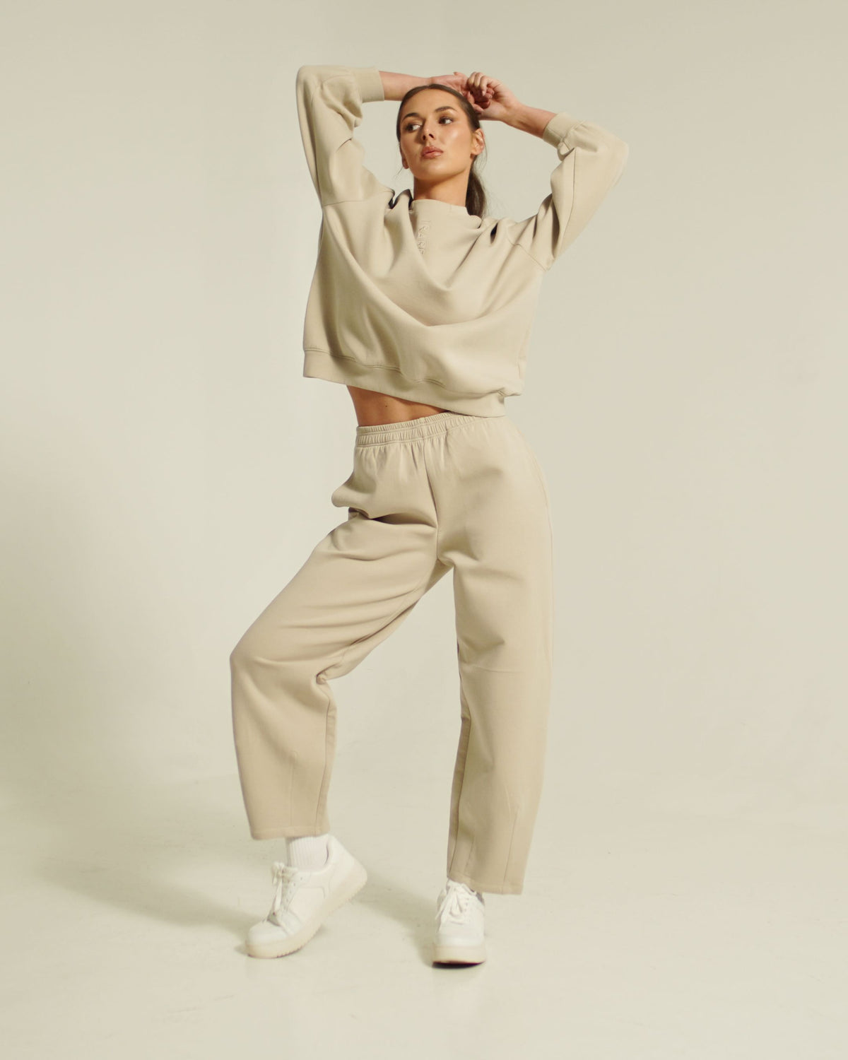 iRARE Women’s FORM jogger light taupe front full body view