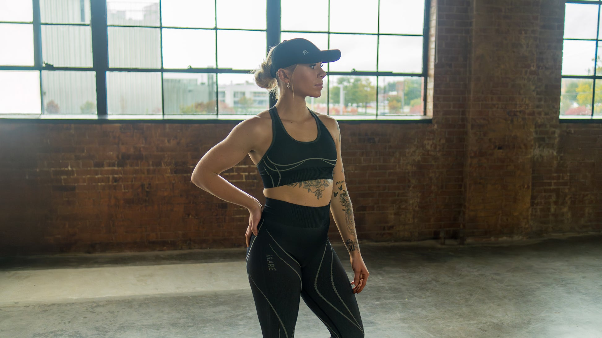 seamless sports bra in black, on-model front