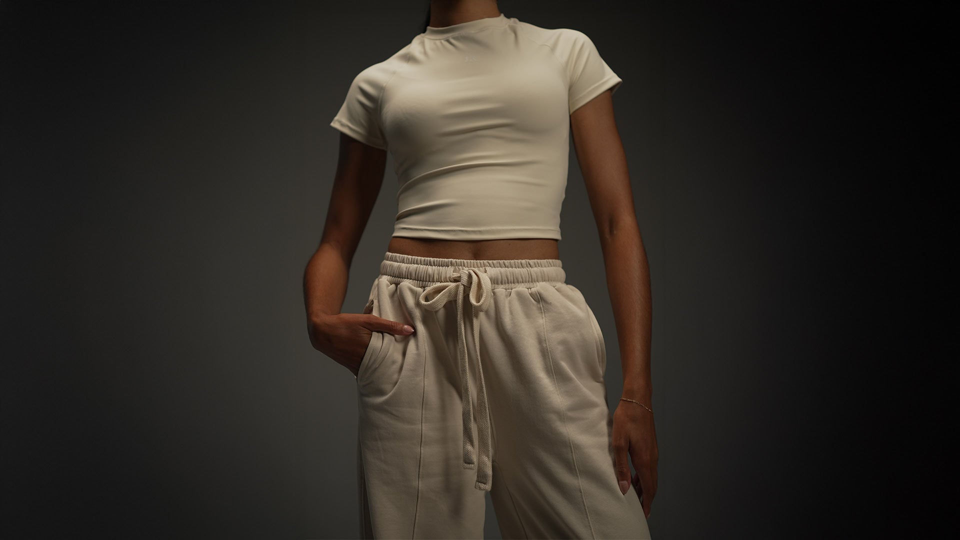 short-sleeve raglan top in khaki, on-model front, alt pose