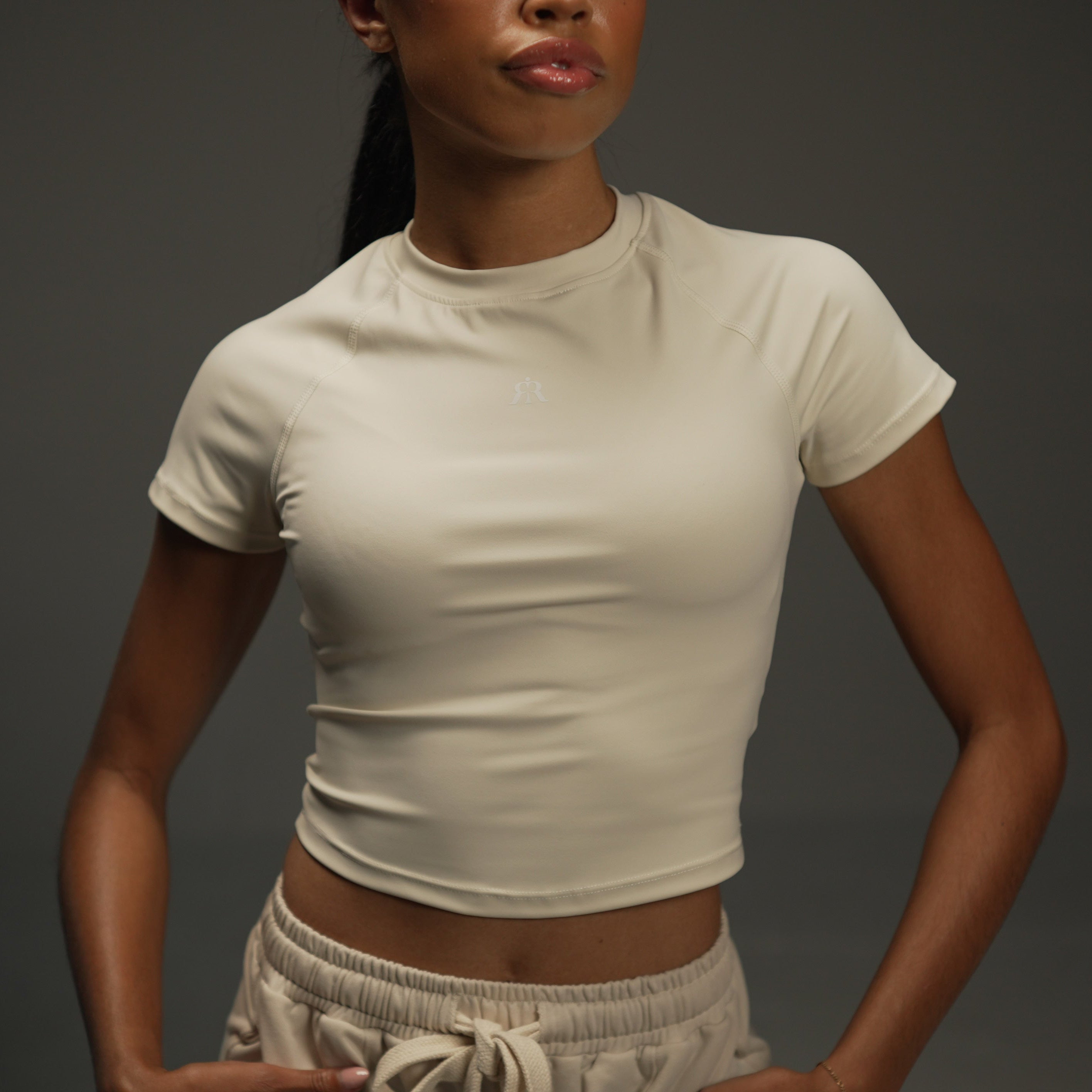 short-sleeve raglan top in khaki, on-model front