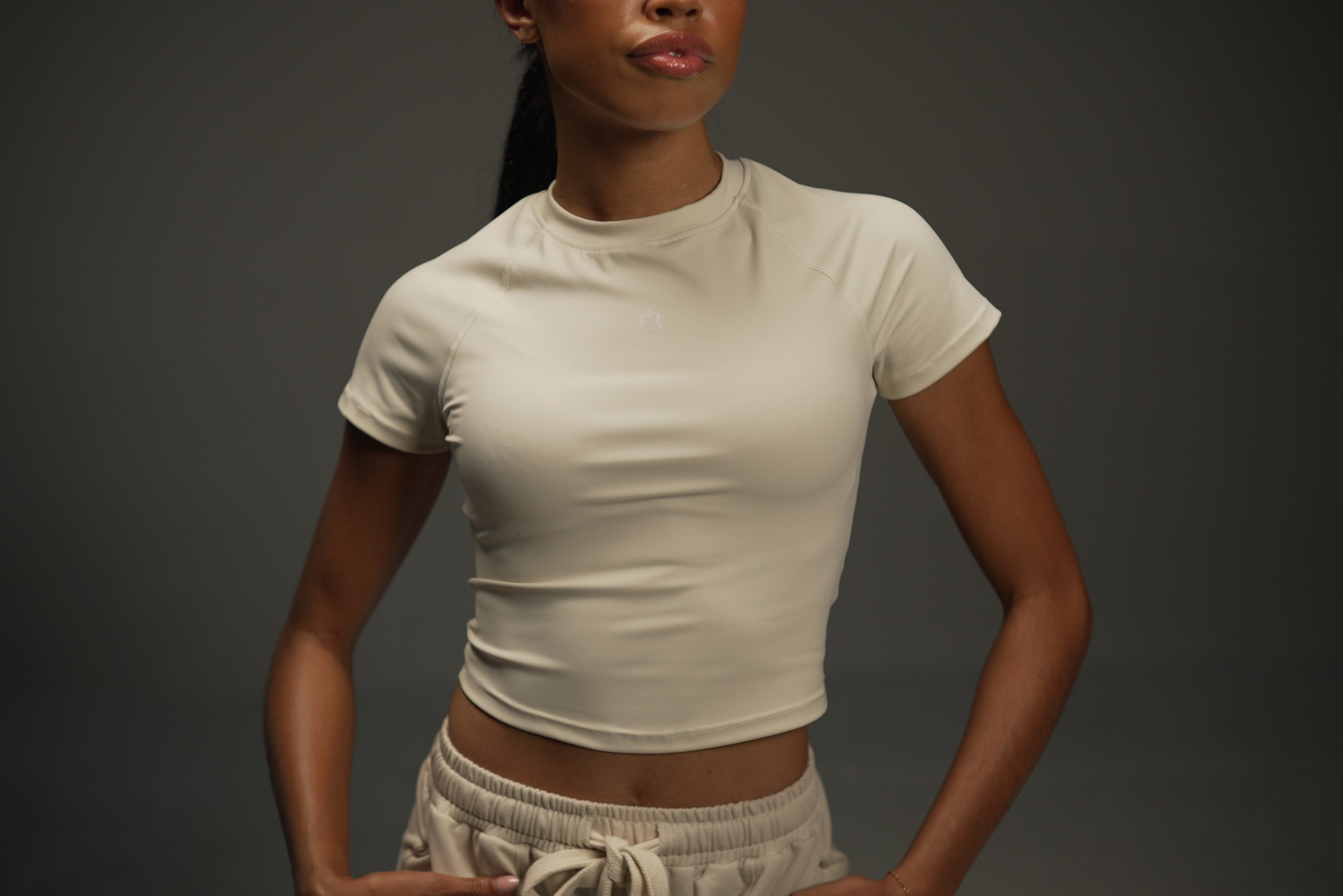 short-sleeve raglan top in khaki, on-model front