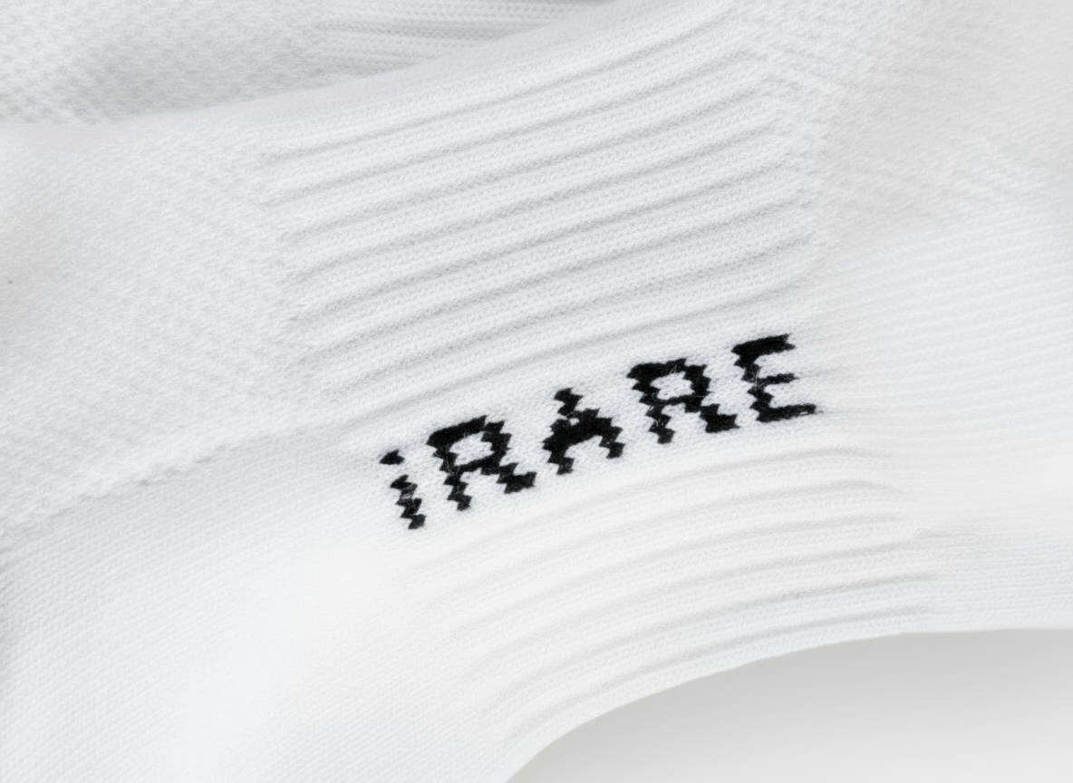 close-up of rib texture and iRARE logo on unisex ankle socks in white