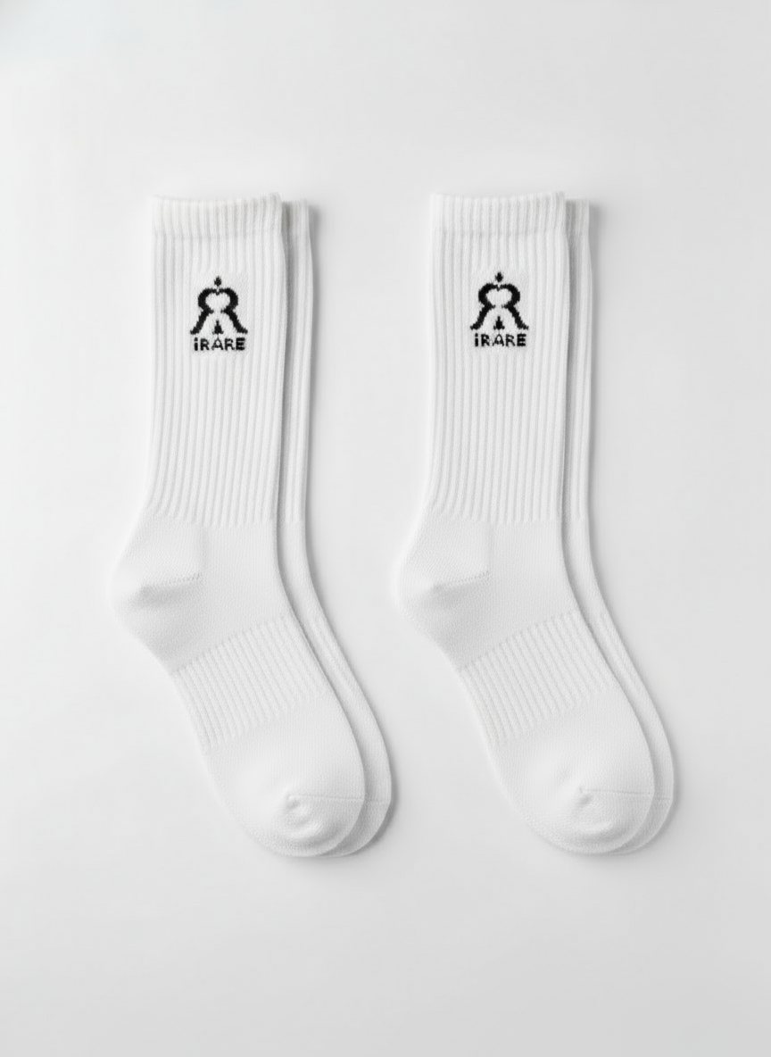 white unisex crew socks laid flat front view with logo