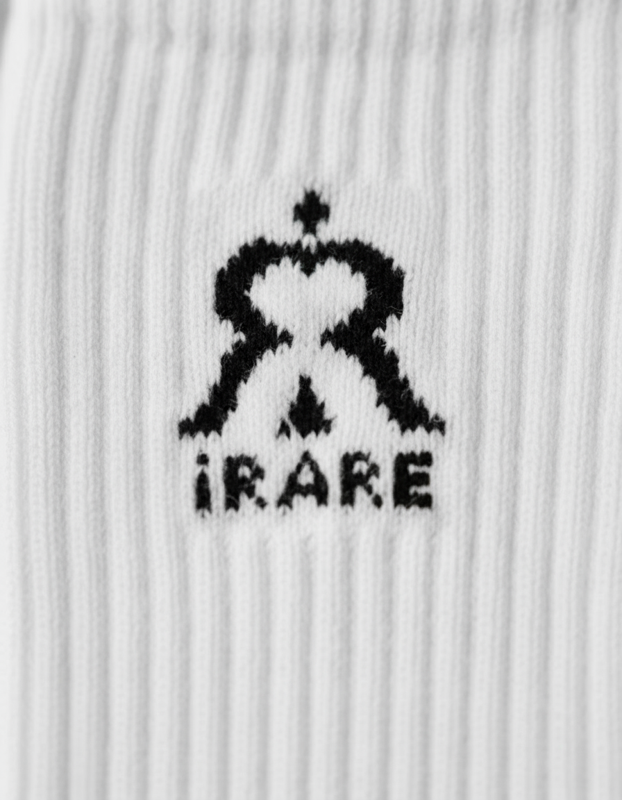 Close-up of white unisex crew socks showing ribbed texture and embroidered logo