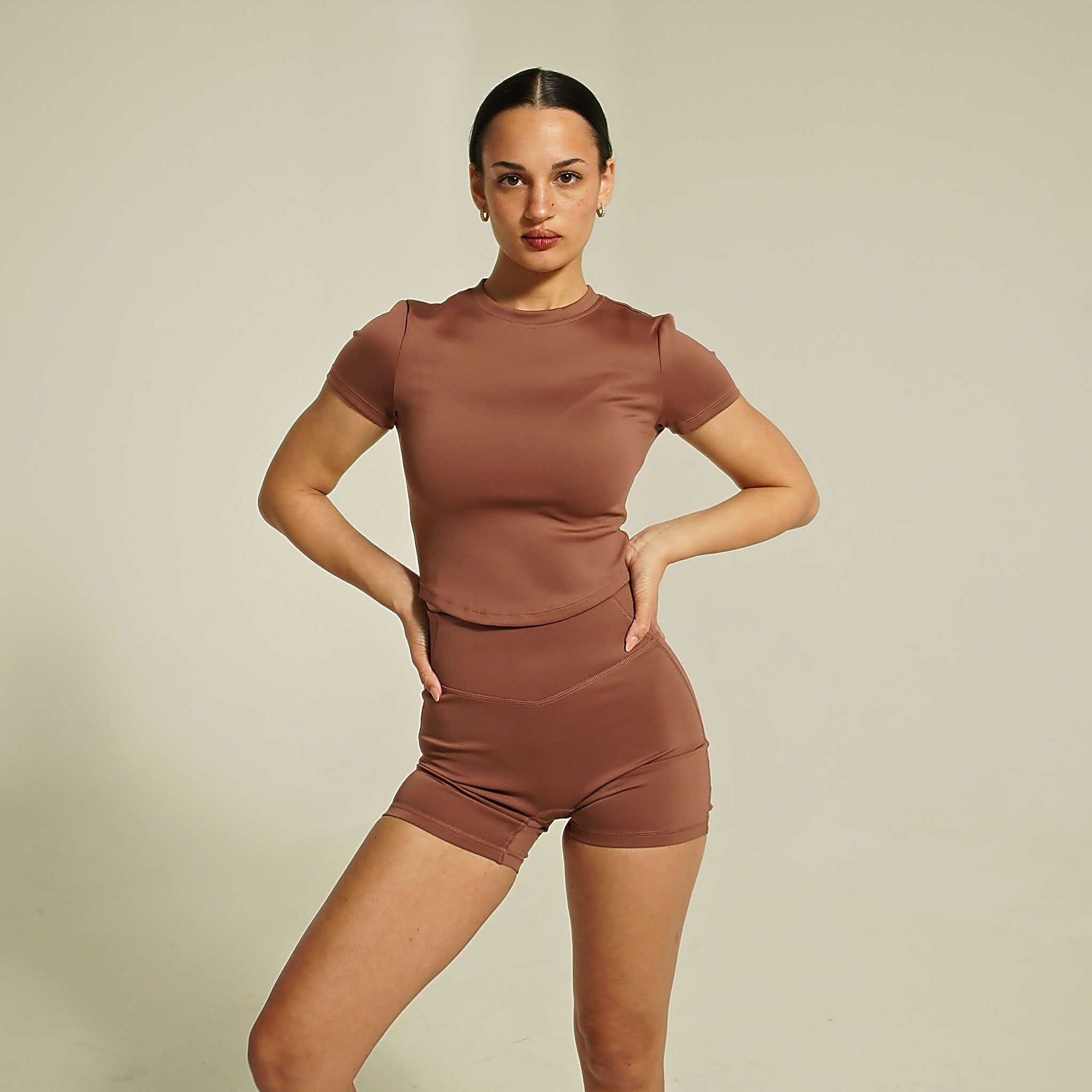 women’s element fitted short-sleeve top dusty mauve activewear styled front view
