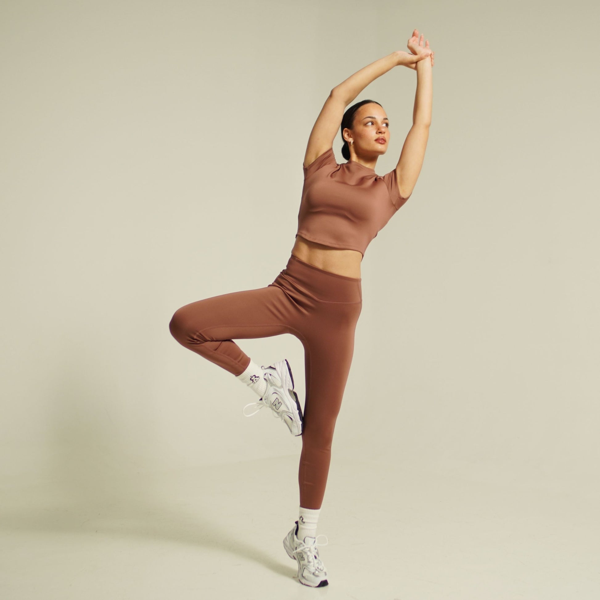 women’s element fitted short-sleeve top dusty mauve activewear full body styled view
