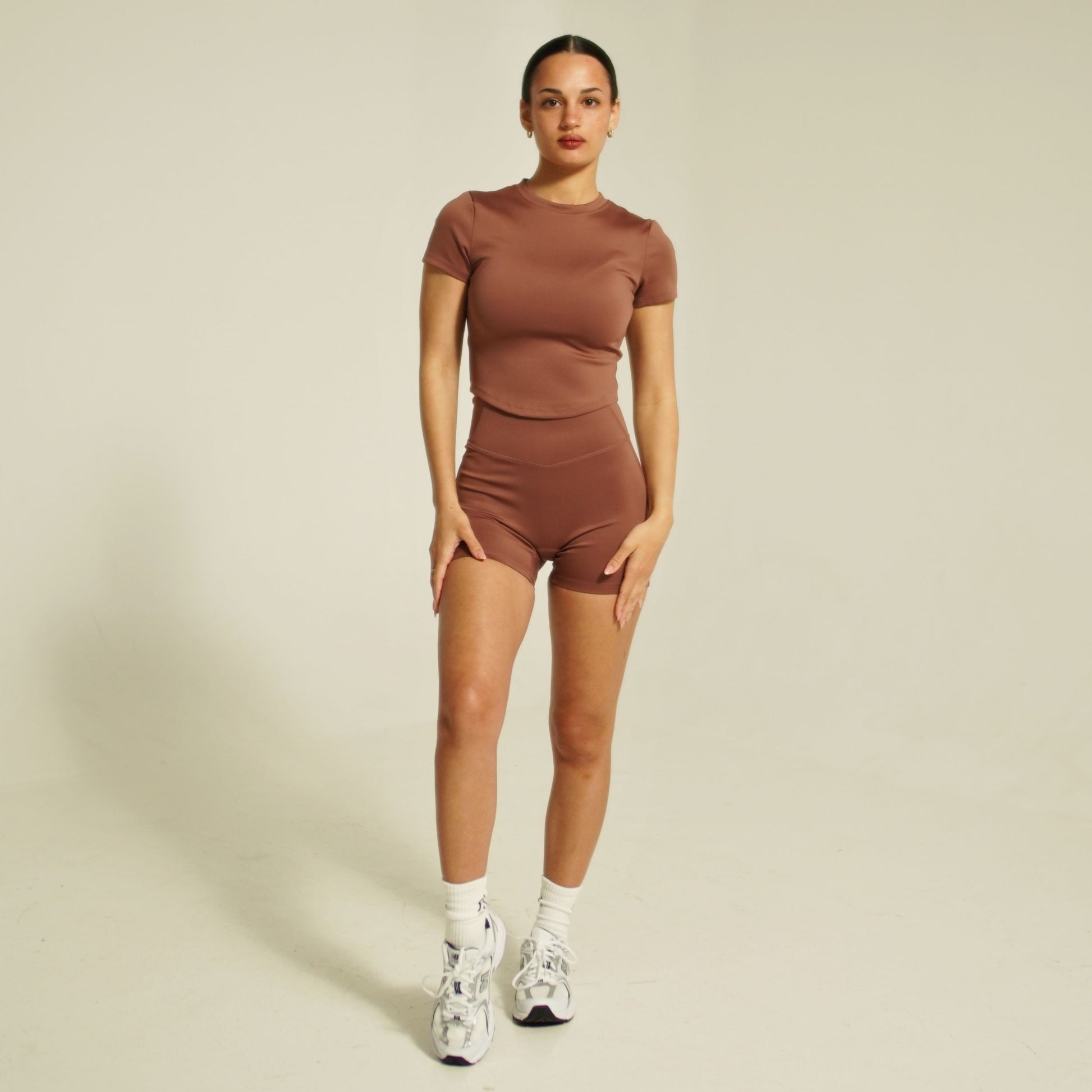 women’s element high-rise dusty mauve activewear shorts full body styled view
