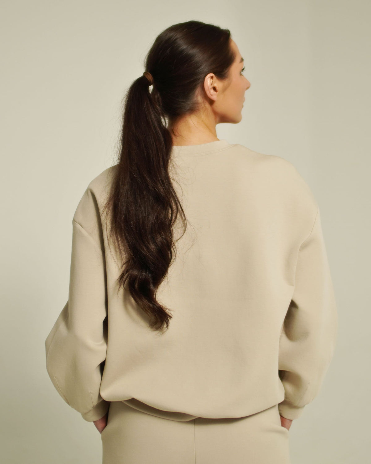 women’s FORM crew neck sweatshirt light taupe back full body view