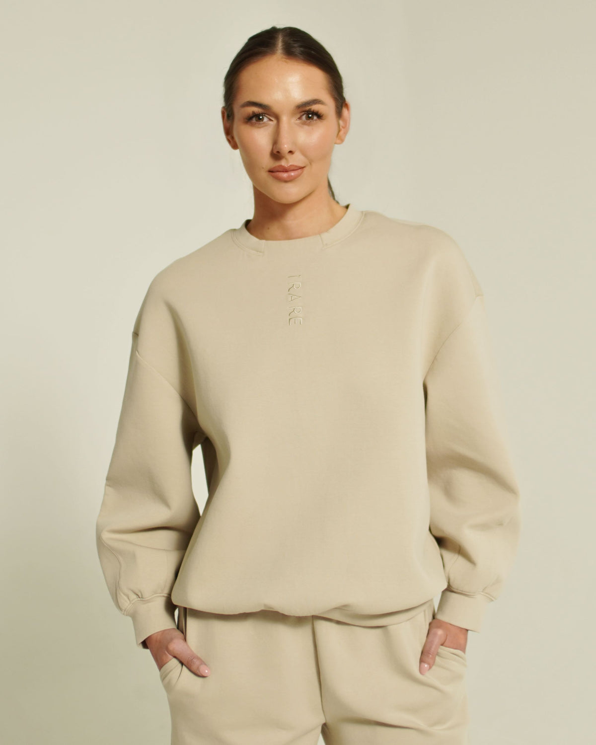 women’s FORM crew neck sweatshirt light taupe front full body view
