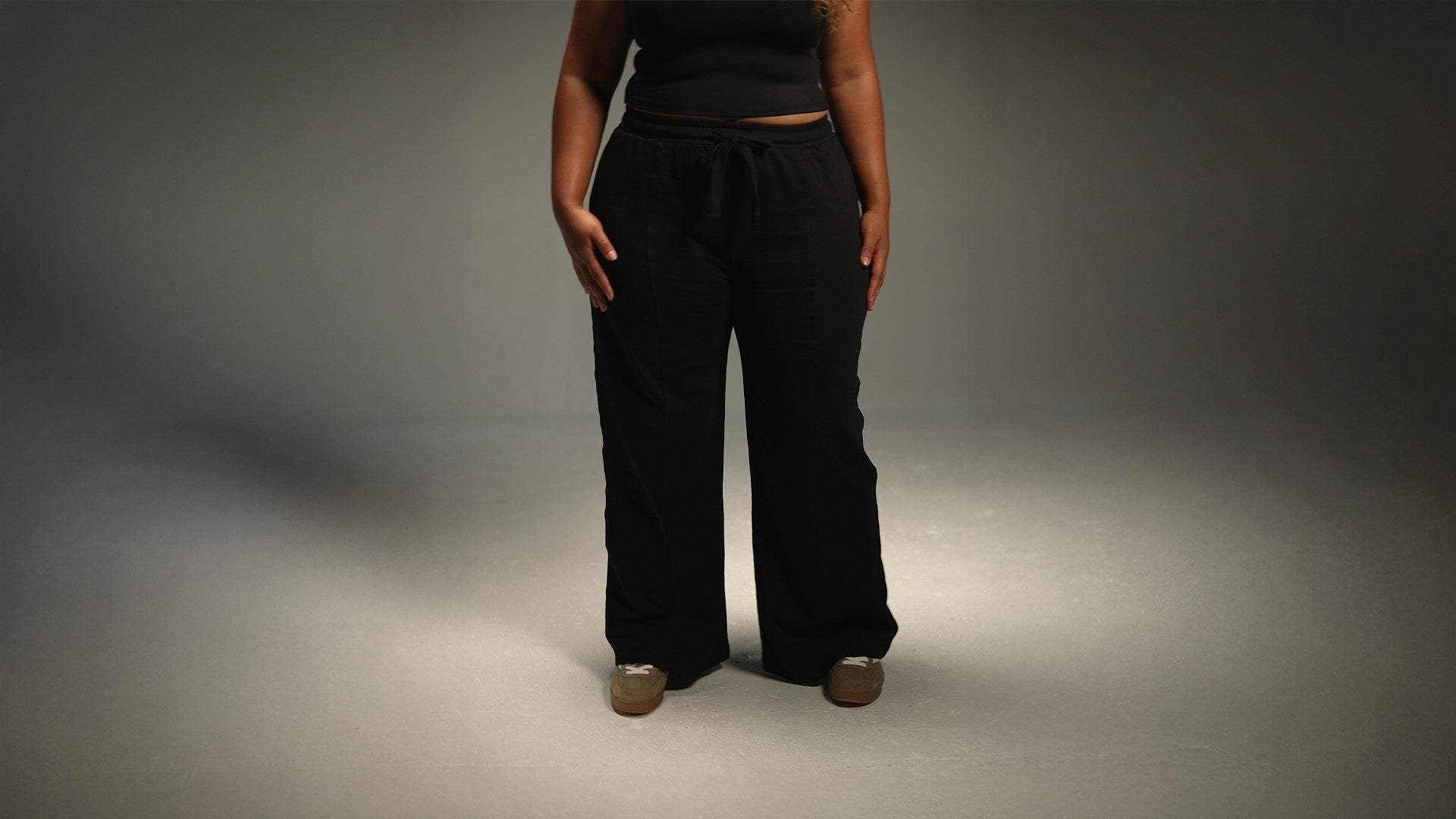 wide-leg sweatpants in black, on-model front view