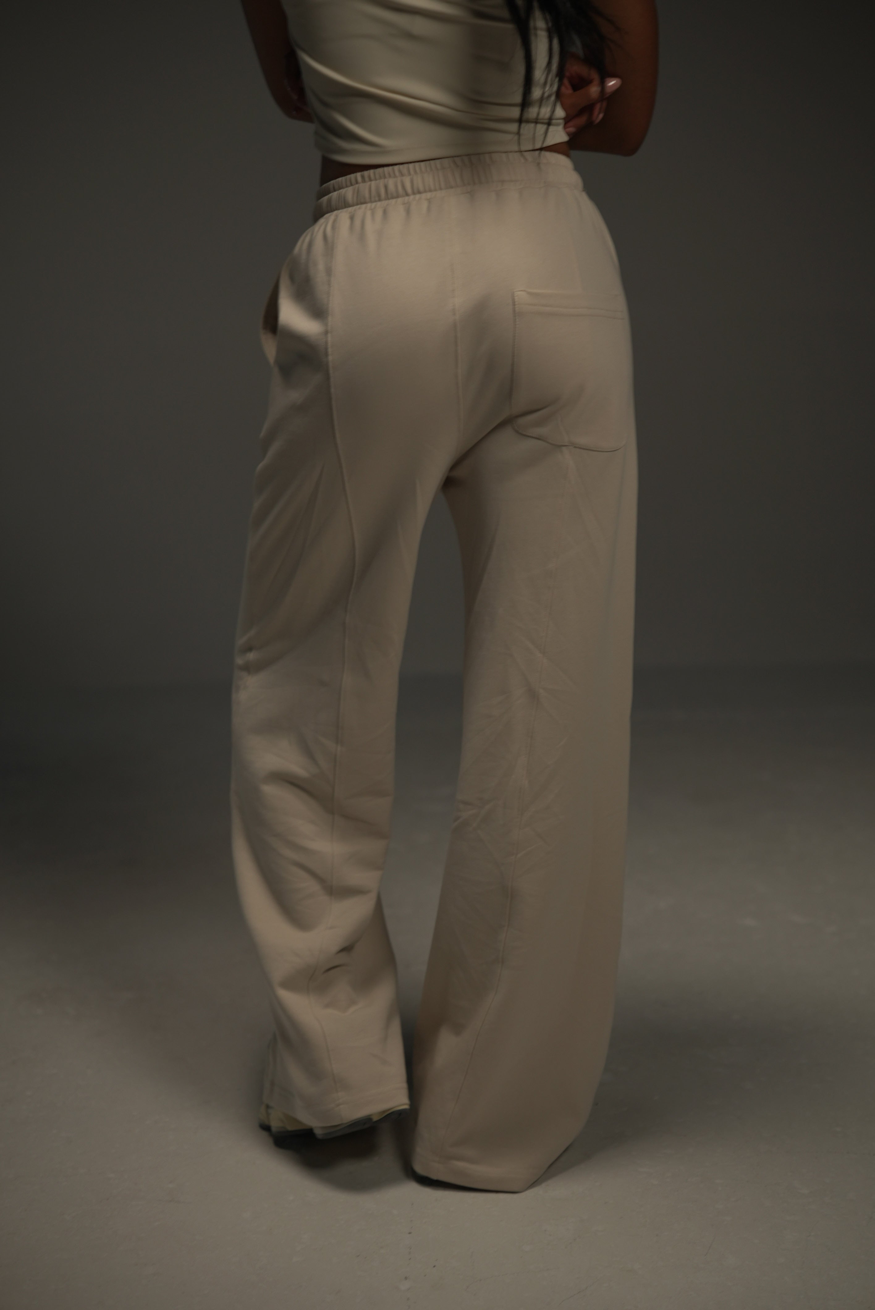 khaki wide-leg sweatpants, back view 
