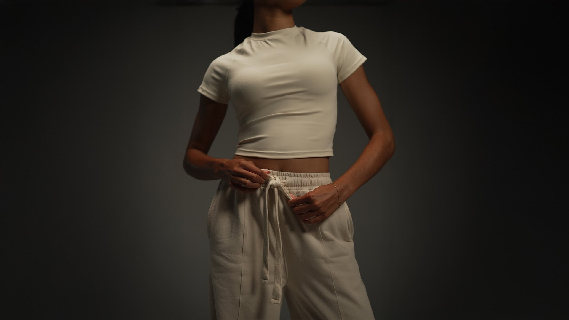 khaki wide-leg sweatpants, waistband drawstring detail