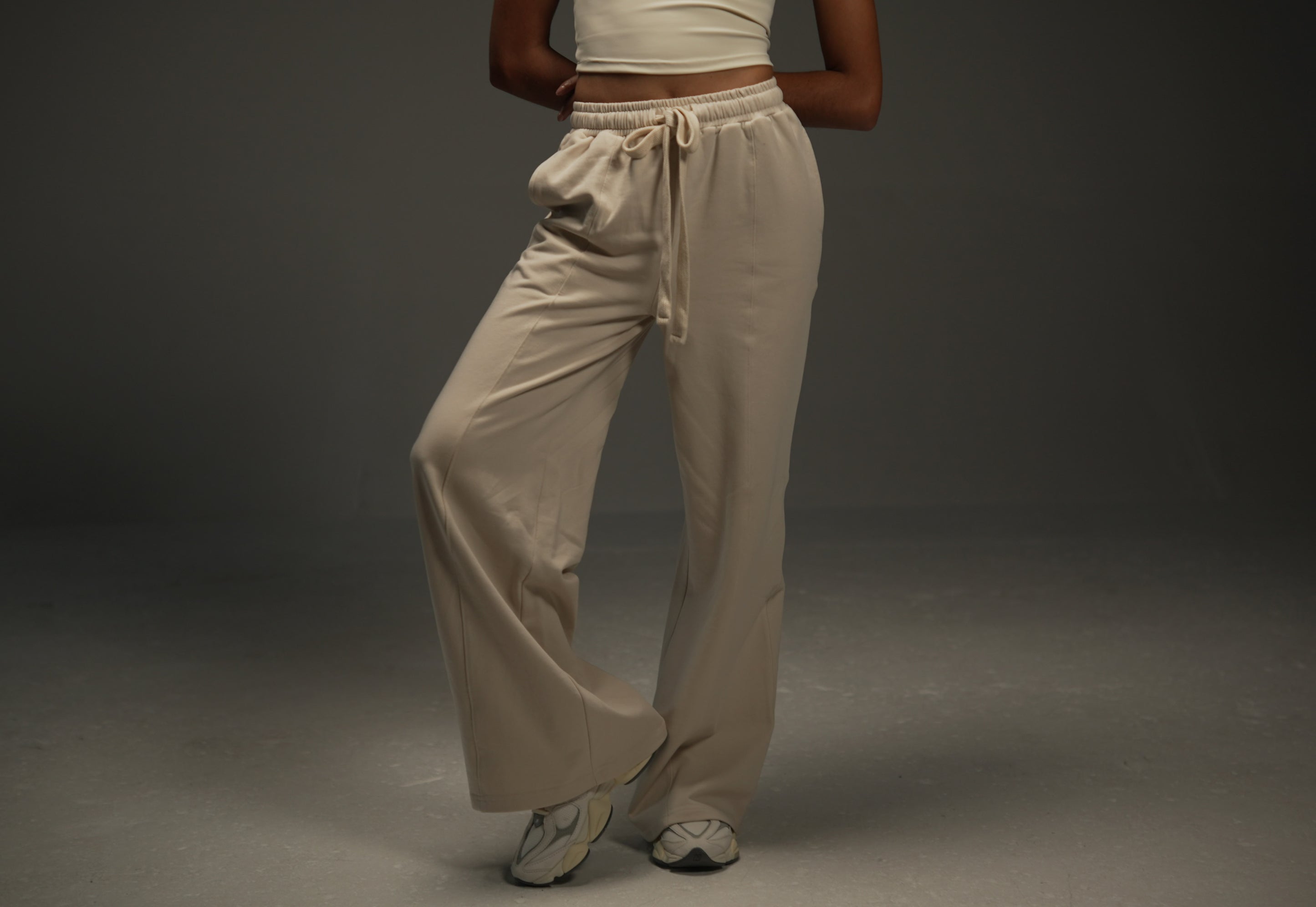 wide-leg sweat pants in khaki, on-model front view